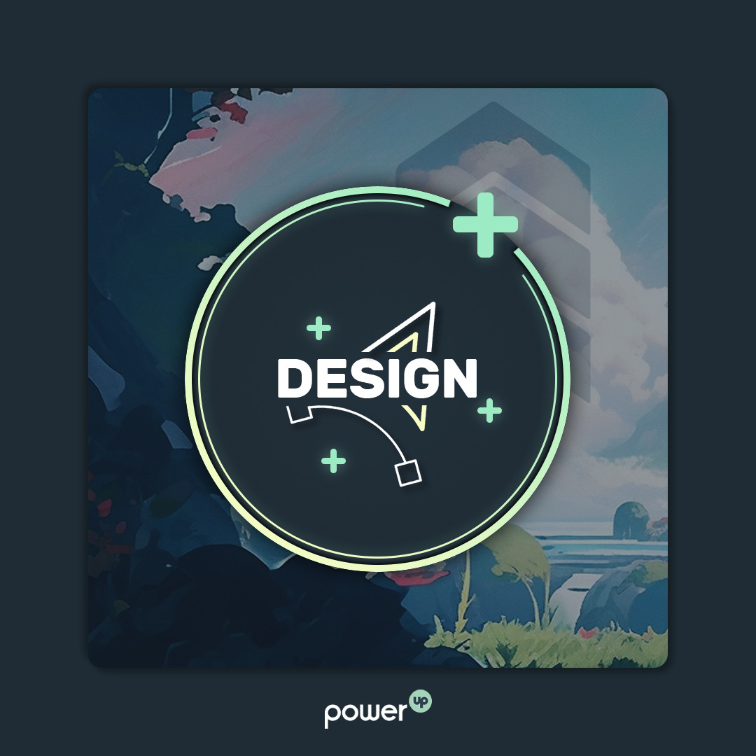 Das Wort "Design" in Großbuchstaben ist umgeben von leuchtenden Plussen und Linien, die an ein powerup in einem Videospiel erinnern.