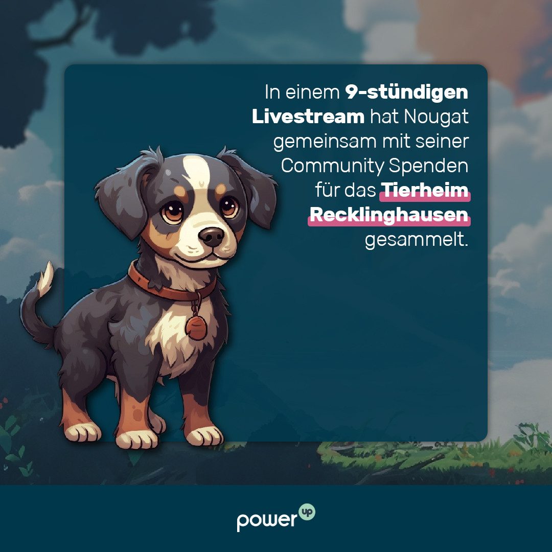 Eine Grafik mit einem cuten Doggo und Infotext, dass Mister_Nougat 9 Stunden live gestreamt hat und Spenden für das Tierheim Recklinghausen sammelte.