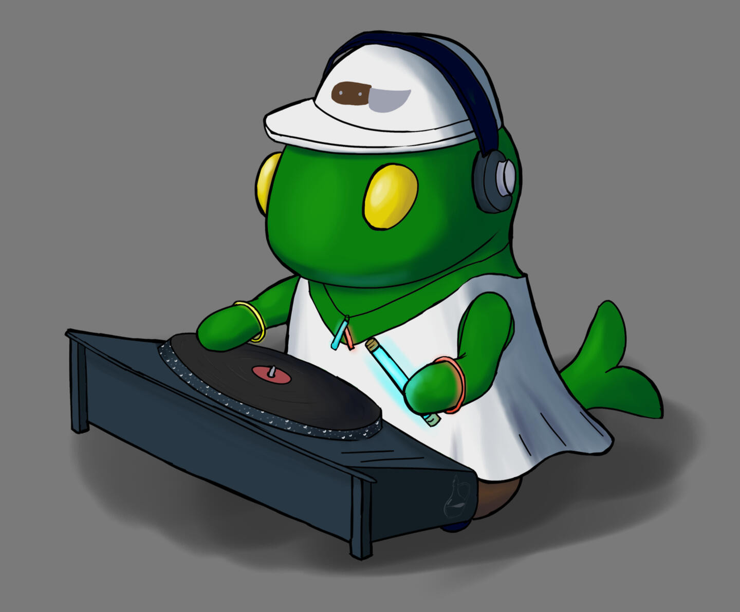 A simple drawing of a Tonberry from the Final Fantasy series, but instead of the customary monk robe, lantern and chef’s knife, they are dressed as a nightclub DJ with a record turntable and glowstick. They are wearing a baseball cap with a chef’s knife design on the front.