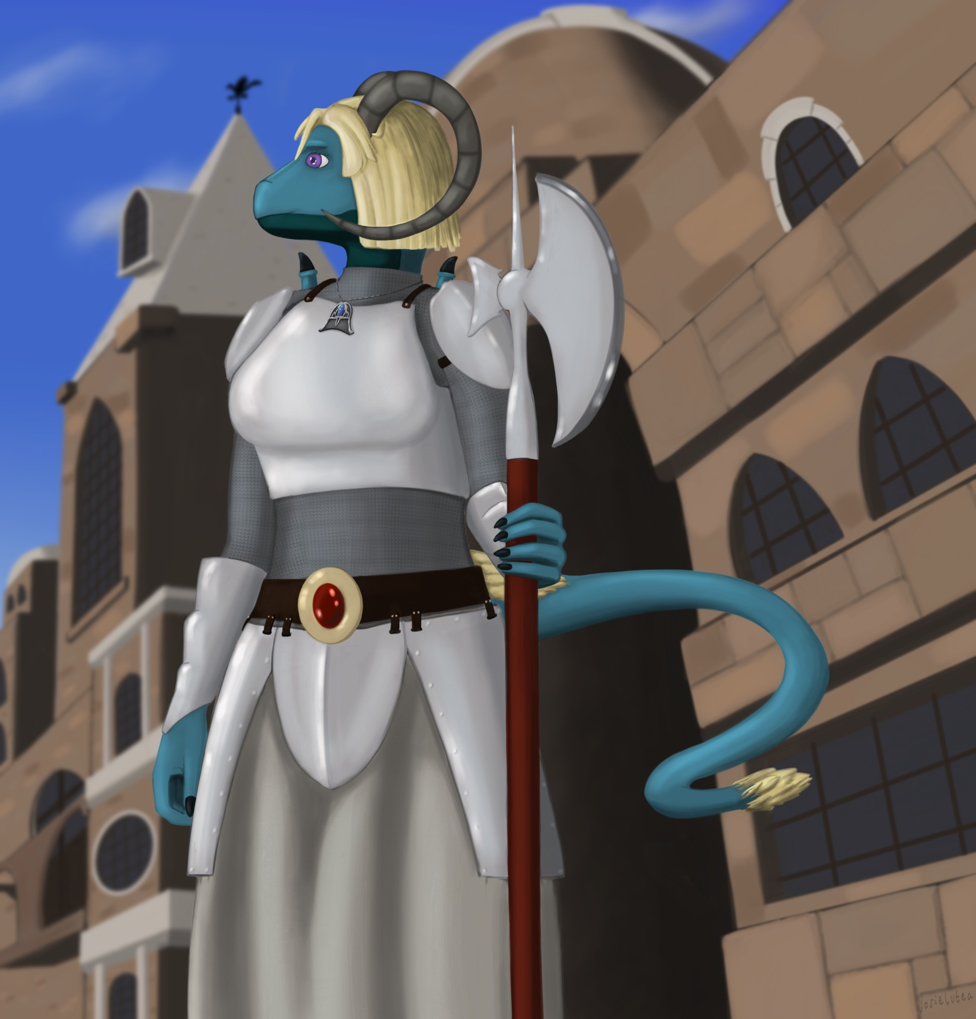 A digital painting of my dragon character Lutea viewed at a slightly upward angle with a fantasy city in the background. She is dressed in a mix of plate armour and chain mail with a long skirt or tunic and holding a halberd.