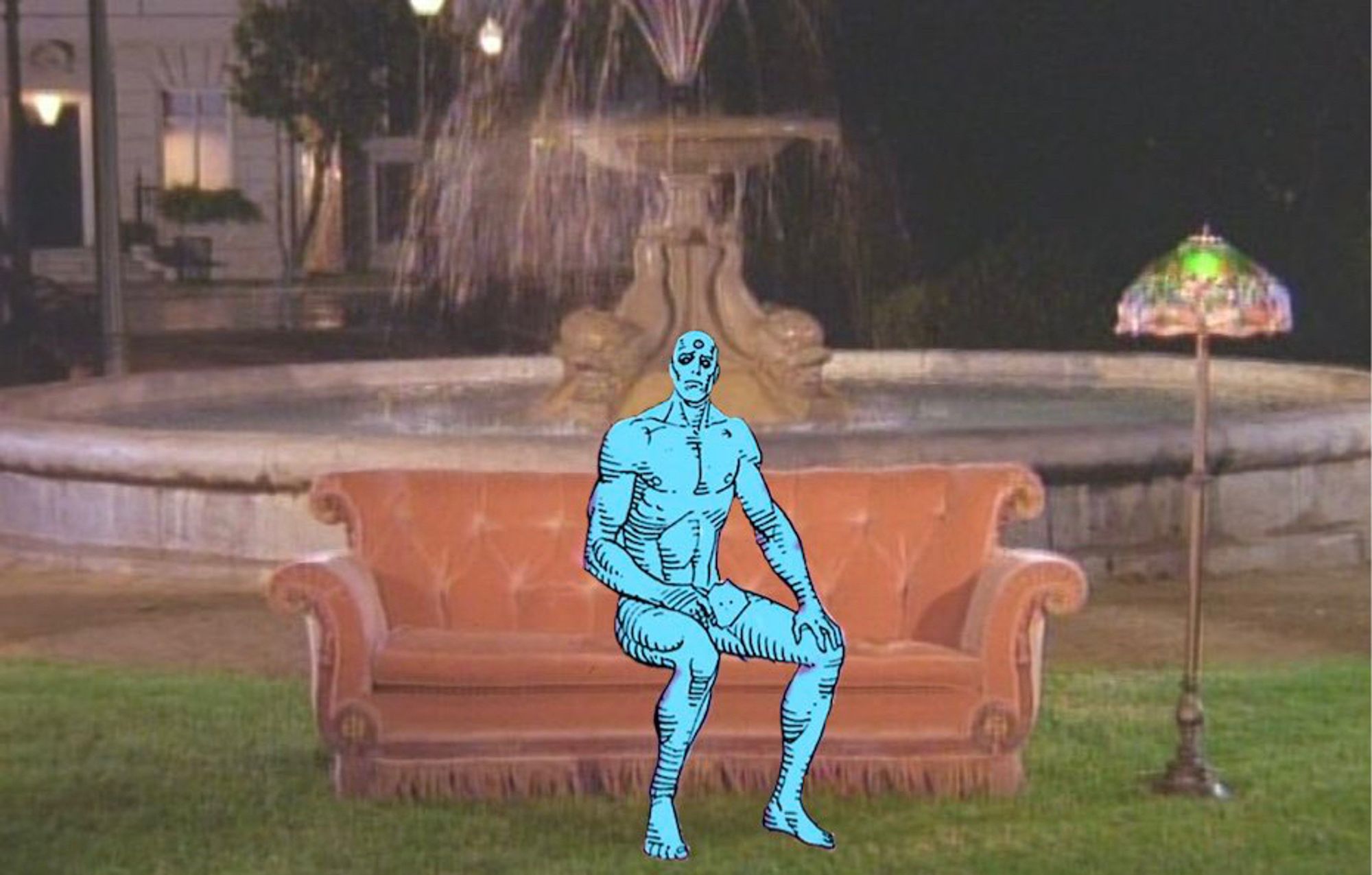 Doctor Manhattan sitting on the couch from the FRIENDS opening titles