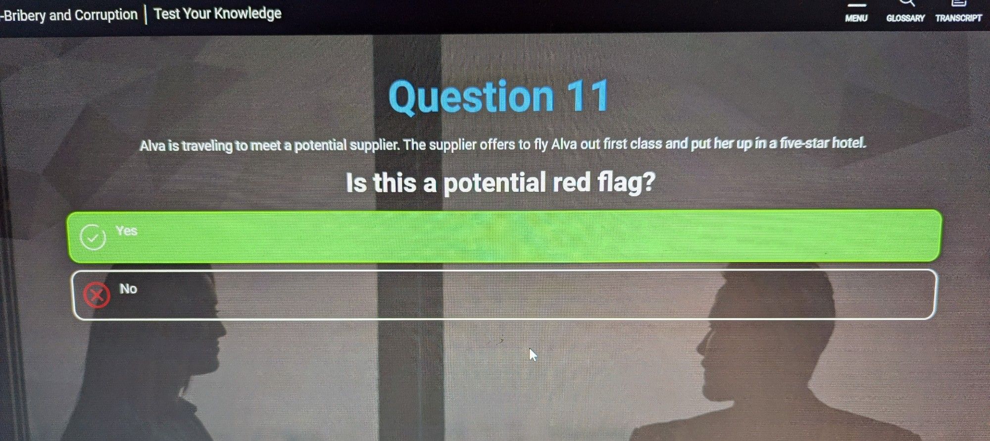 Corporate anti-corruption test asking if it's bribery to take first class tickets and lavish hotels for free from a "supplier". I answered correctly.