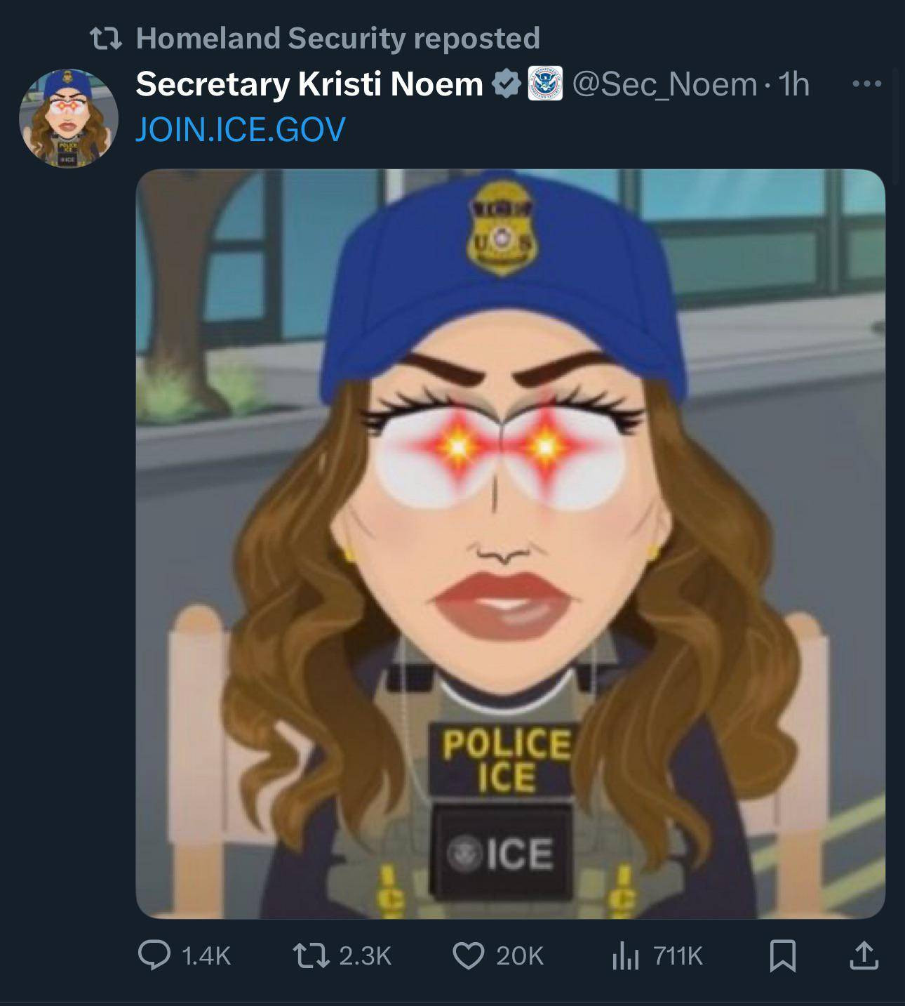 homeland security RTing Kristi Noem with a join ice link and a screencap of her caricature from south park