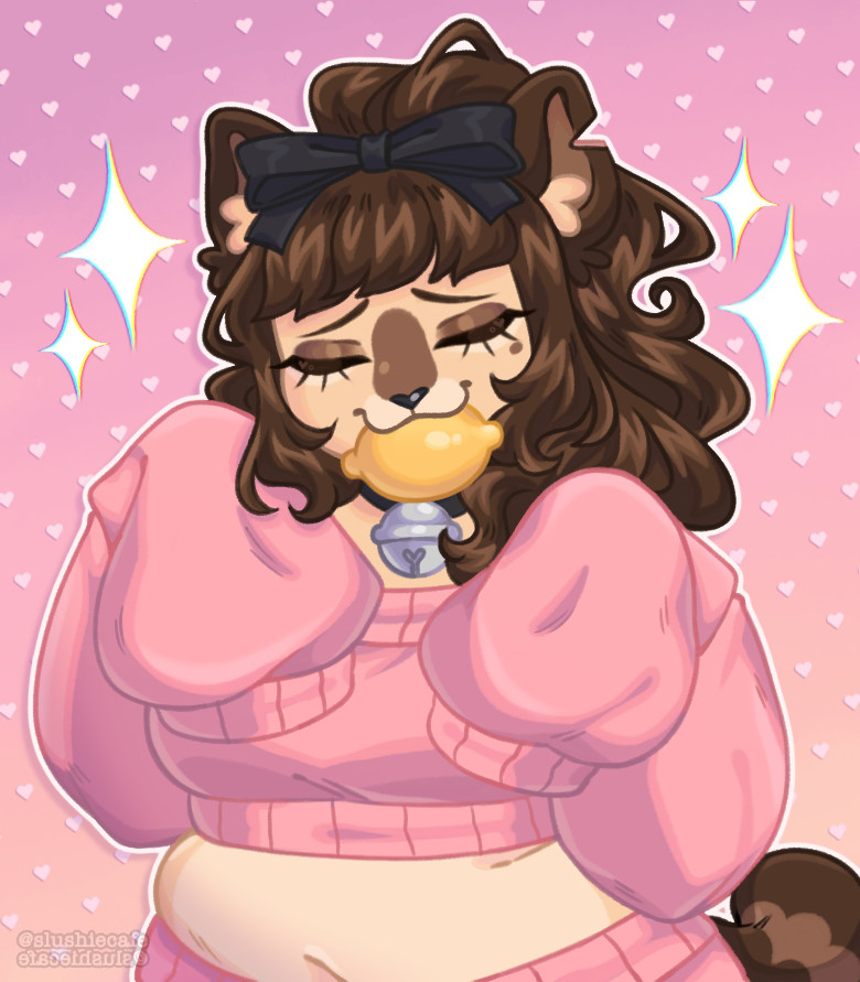 a digital drawing of a brown house cat anthro with long curly black hair styled in a ponytail and wearing a pink sweater. they are smiling happily with a lemon in their mouth while holding their oversized sleeves in the air.