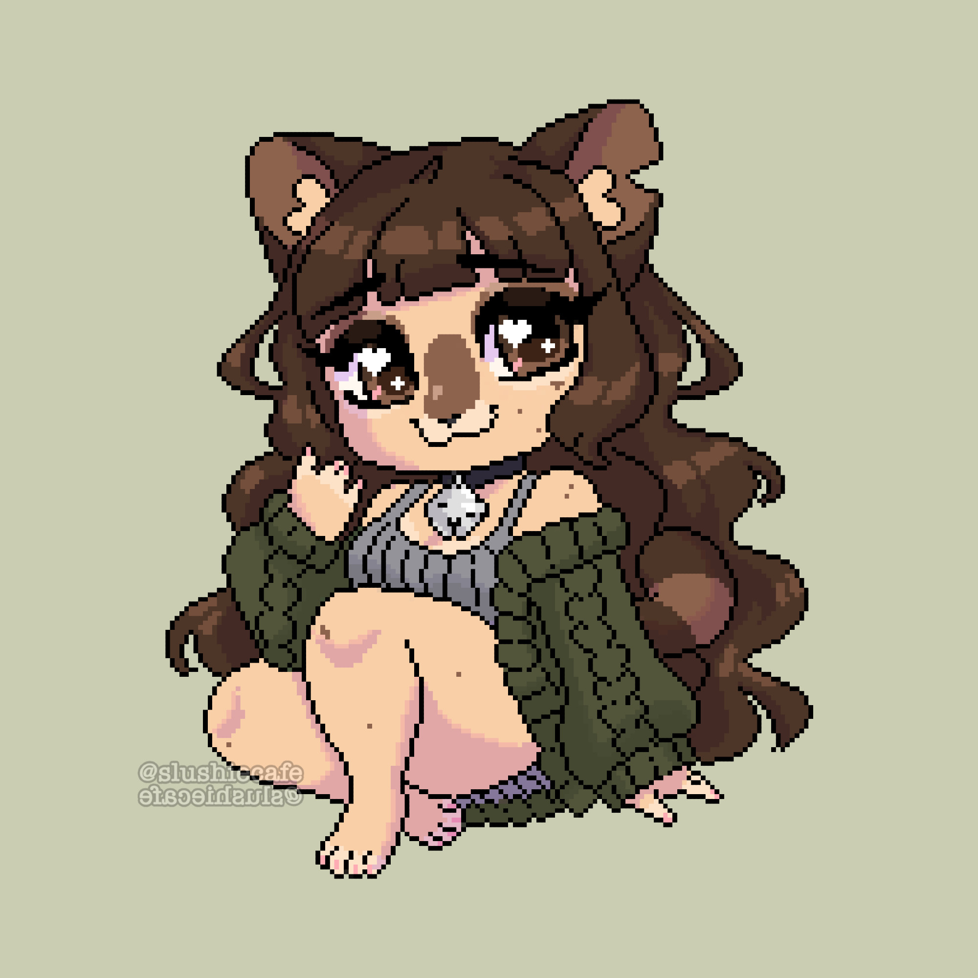 a digital pixel art drawing of a brown house cat anthro with long curly brown hair and wearing a green sweater. they are sitting comfortably and softly smiling at the viewer.