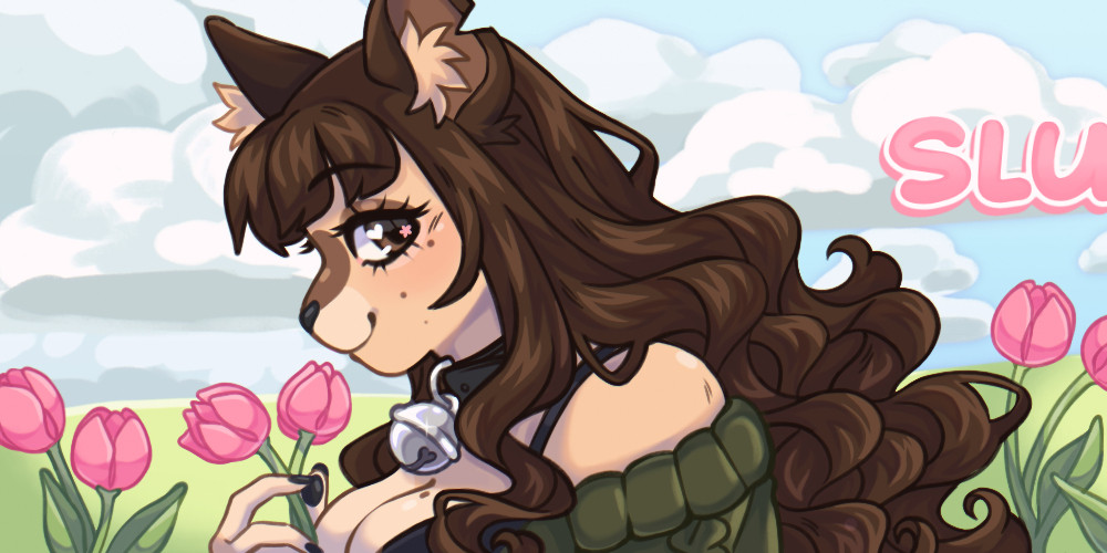 a digital drawing of a brown house cat anthro with long curly brown hair and wearing a green sweater. they are holding two tulips from the surrounding environment and smiling at the viewer from a side angle. 