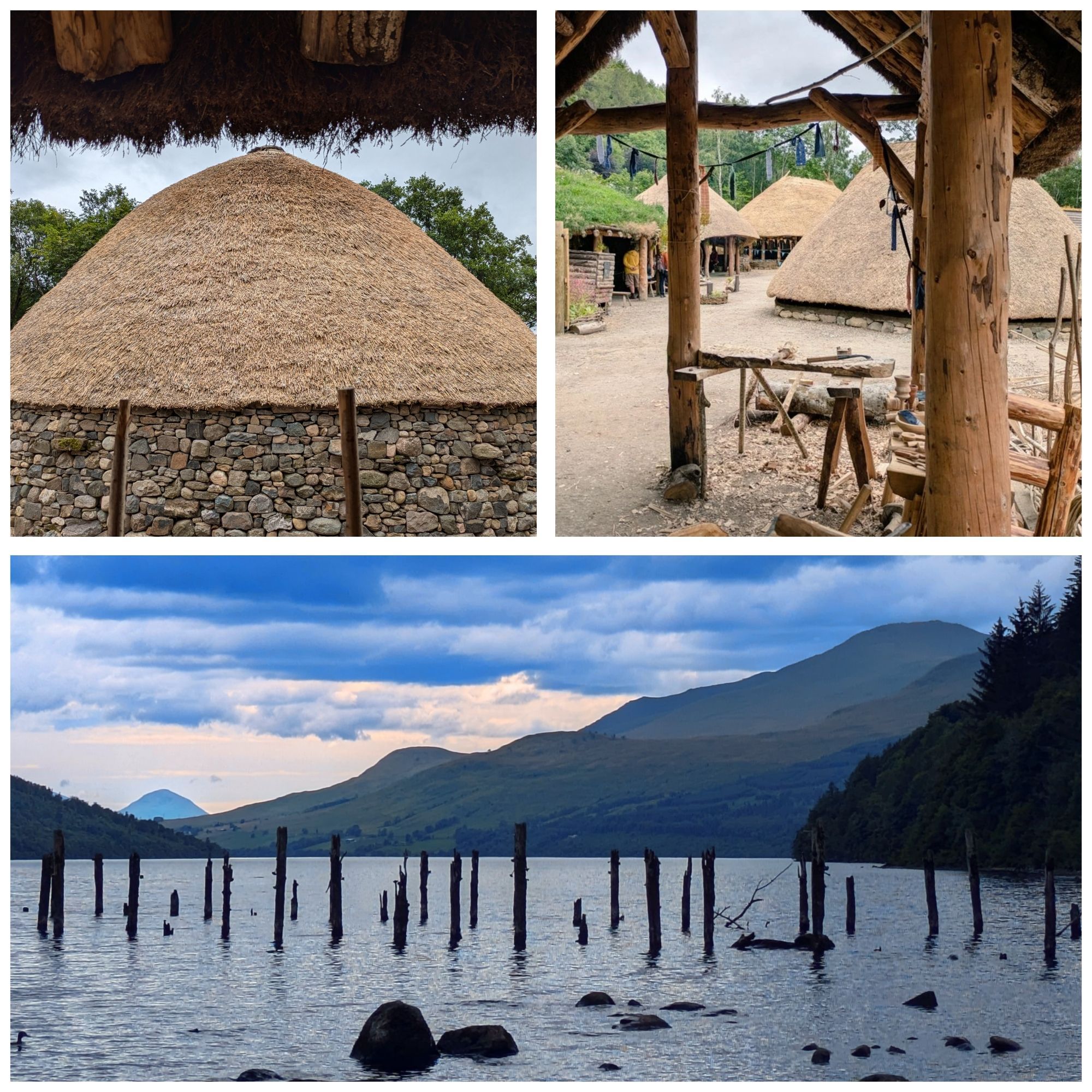 Three photos. Top two of roundhouses and wooden structures. Bottom is Loch Tay with posts emerging from water and hills in the background.