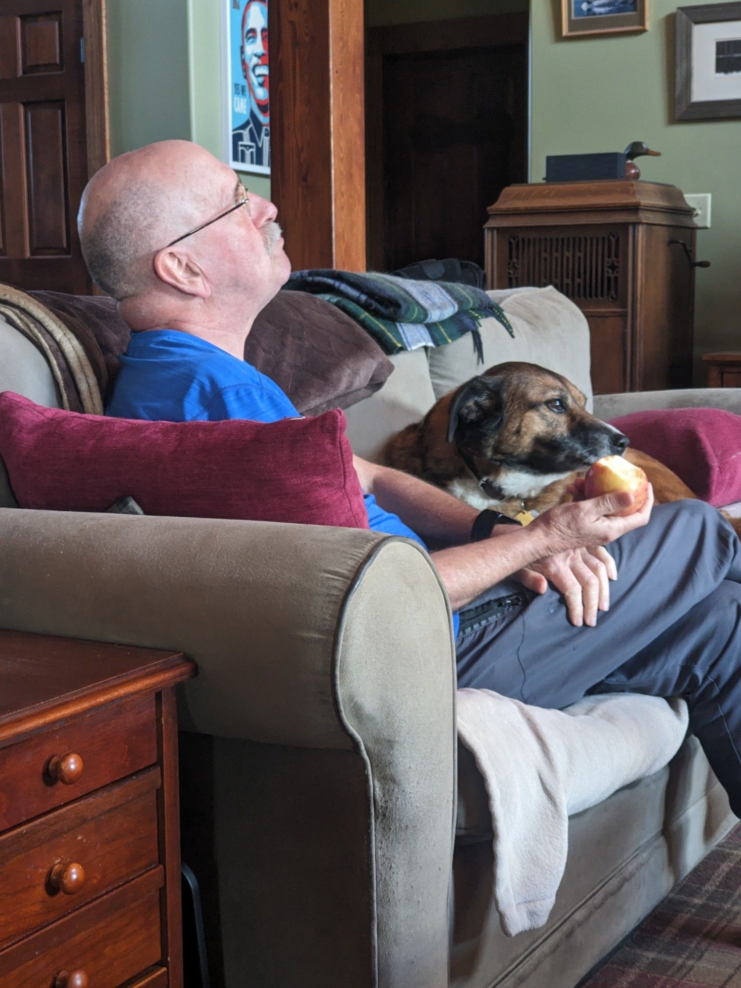 A man and a brown dog on a sofa. He's holding an apple with bites taken out of it.