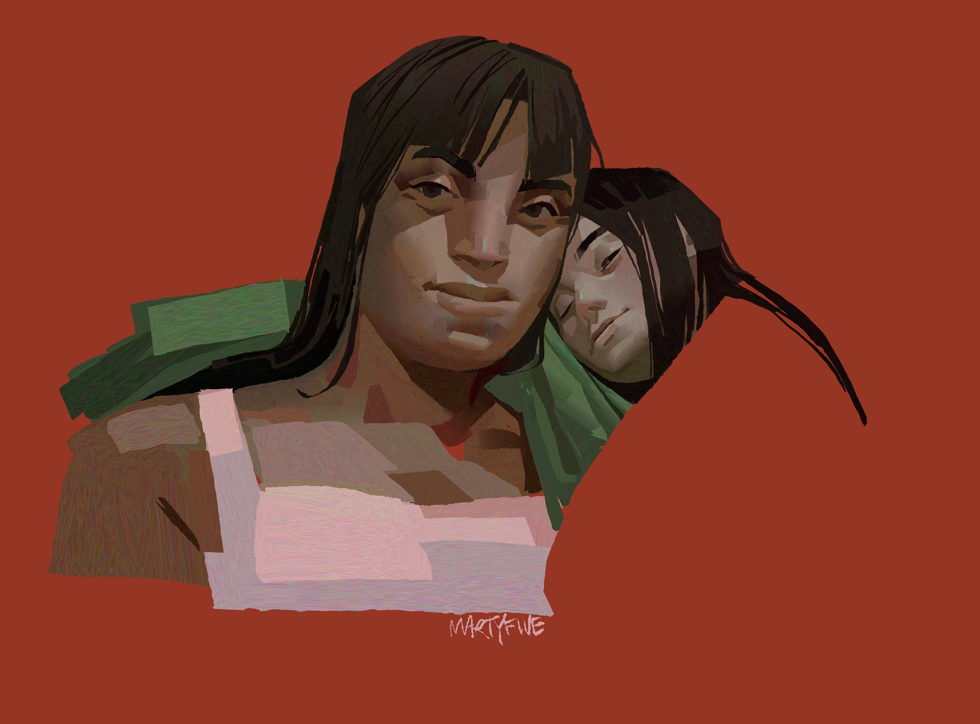 a portrait of my two ocs (K and her kid, Ash) together with a simple red background. K is in her 20s, Ash is around 5. both her and Ash’s hair are black, but her skin is darker. Ash’s head is on K’s shoulder, only one sly eye slightly open. K is wearing a white tank top with a green jacket that Ash is using as a pillow.
