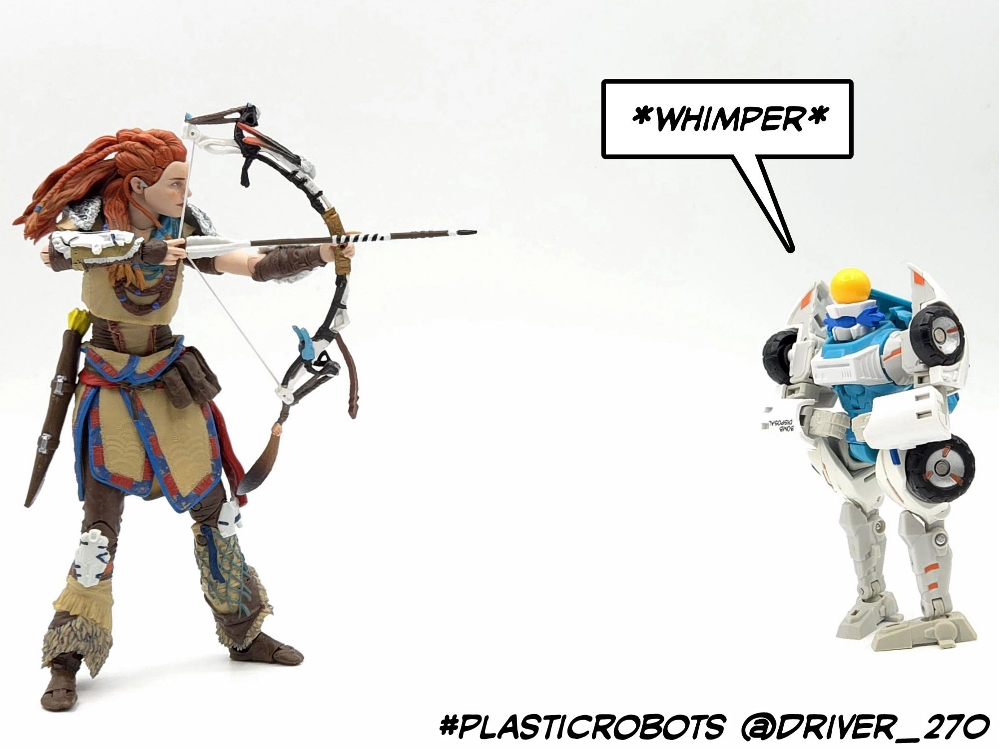 Aloy, drawing back her bow, is attempting to aim for an orange sitting atop Tailgate's head.