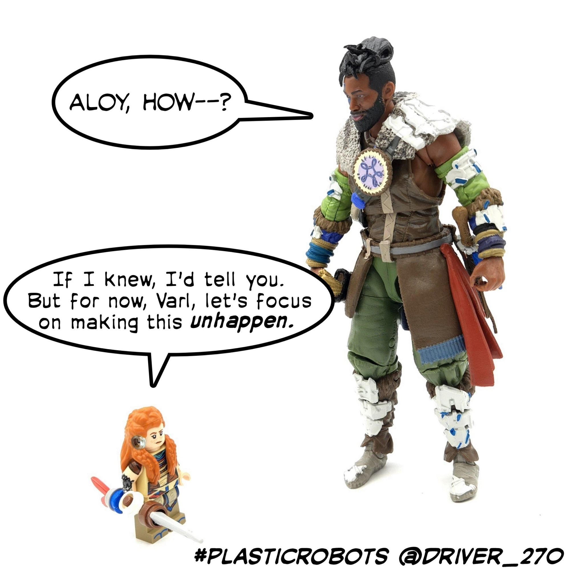 A Varl figure attempts to ask Aloy how she became a Lego minifigure before the latter cuts him off and asks to help her solve her dilemma.