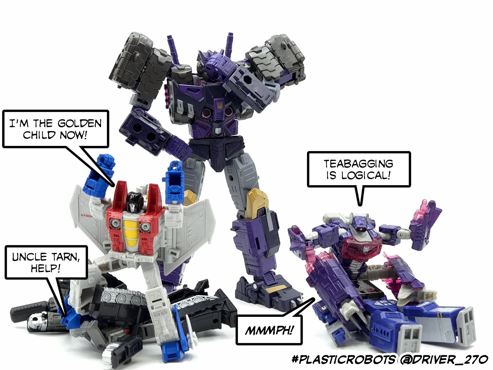 A Voyager Class Tarn facepalming as he observes Core Class versions of Megatron, Starscream, Shockwave, and Soundwave acting like rambunctious children.