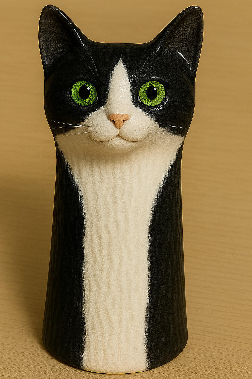 An AI version of a pottery black cat head and neck vase in tuxedo