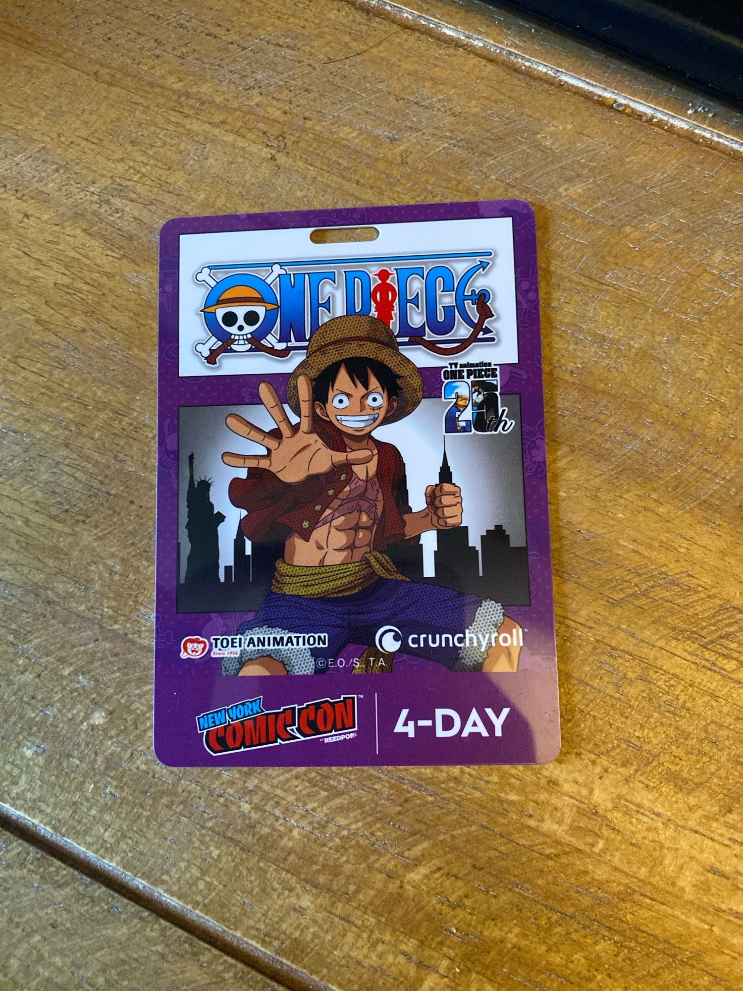 A four-day pass for New York Comic-Con, containing an image of Monkey D. Luffy from the anime One Piece.