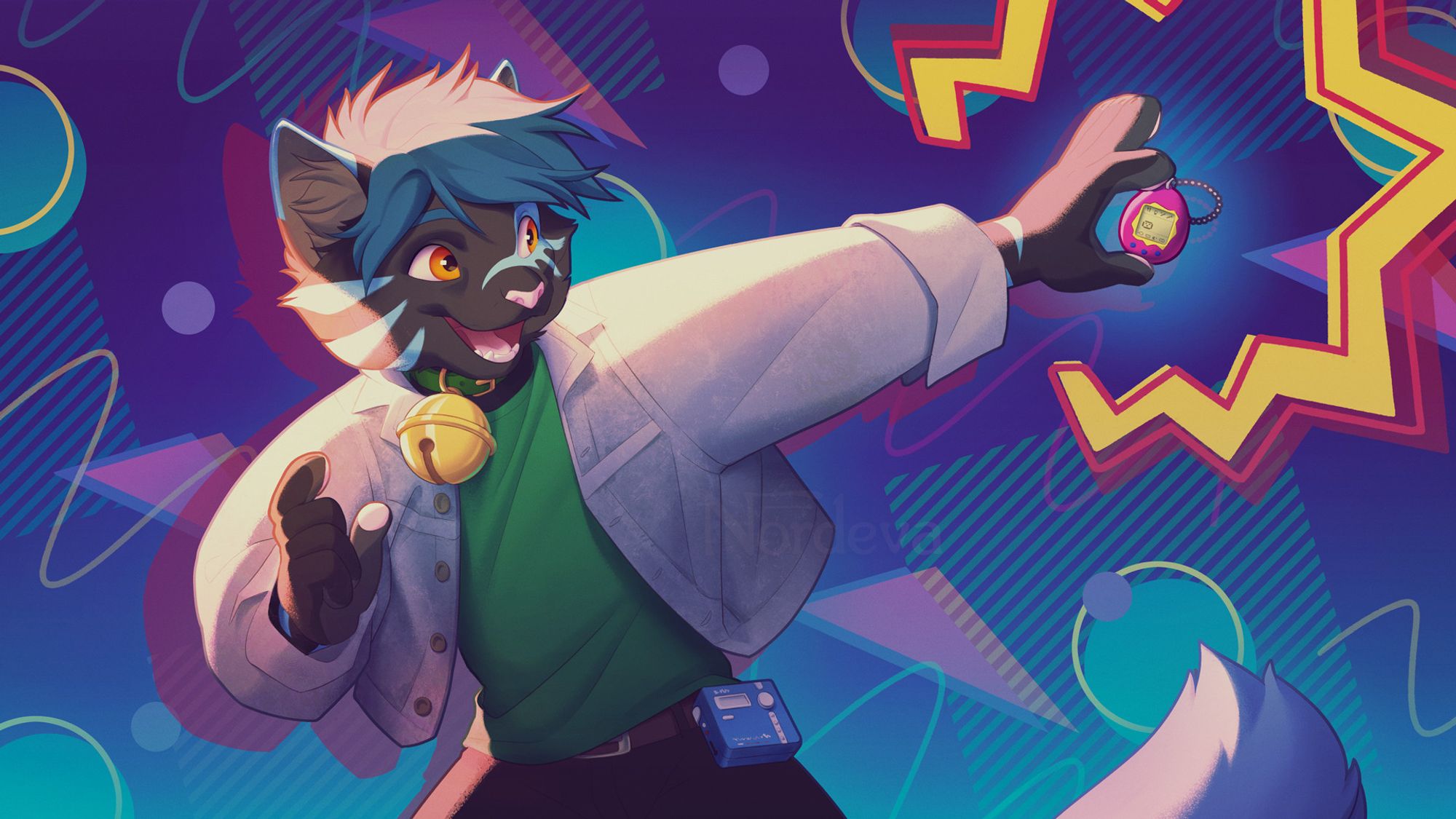 A wallpaper with my anthro kitty character in the front.
Background is 90's style abstract shapes
Anthro cat is holding out a tamagotchi with some effects around it.
He's wearing a denim jacket and has a minidisk player clipped to the belt.
He's looking excitedly at the tamagotchi :3