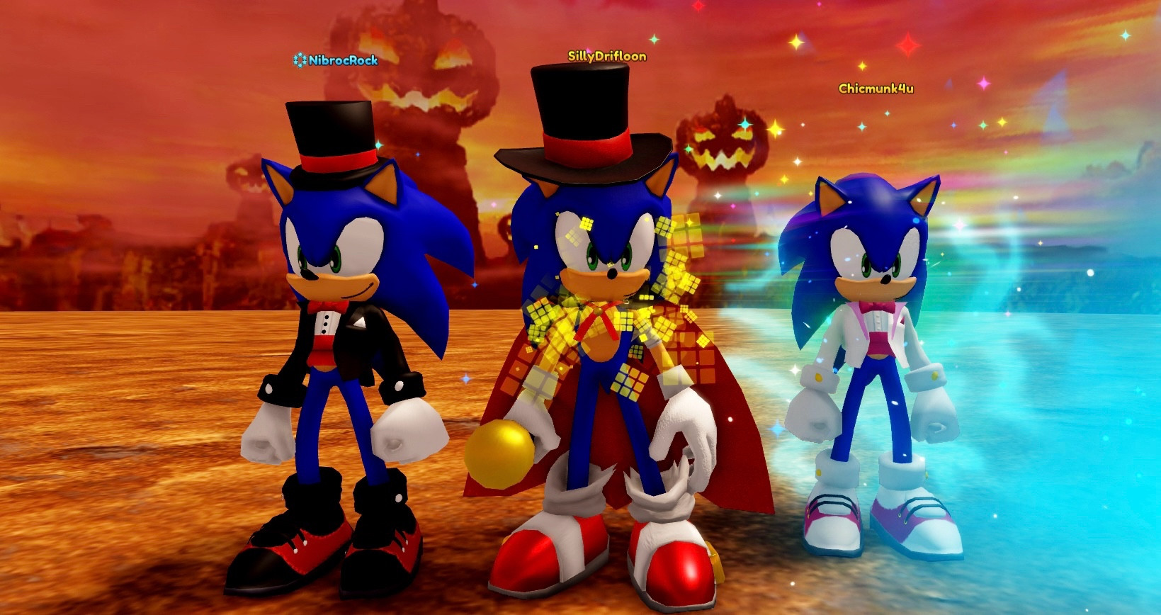 Sonic Speed Simulator screencap. Nibrocrock, SillyDrifloon, and Chicmunk4u all as various skins for Sonic the Hedgehog in Pumpkin Hill.