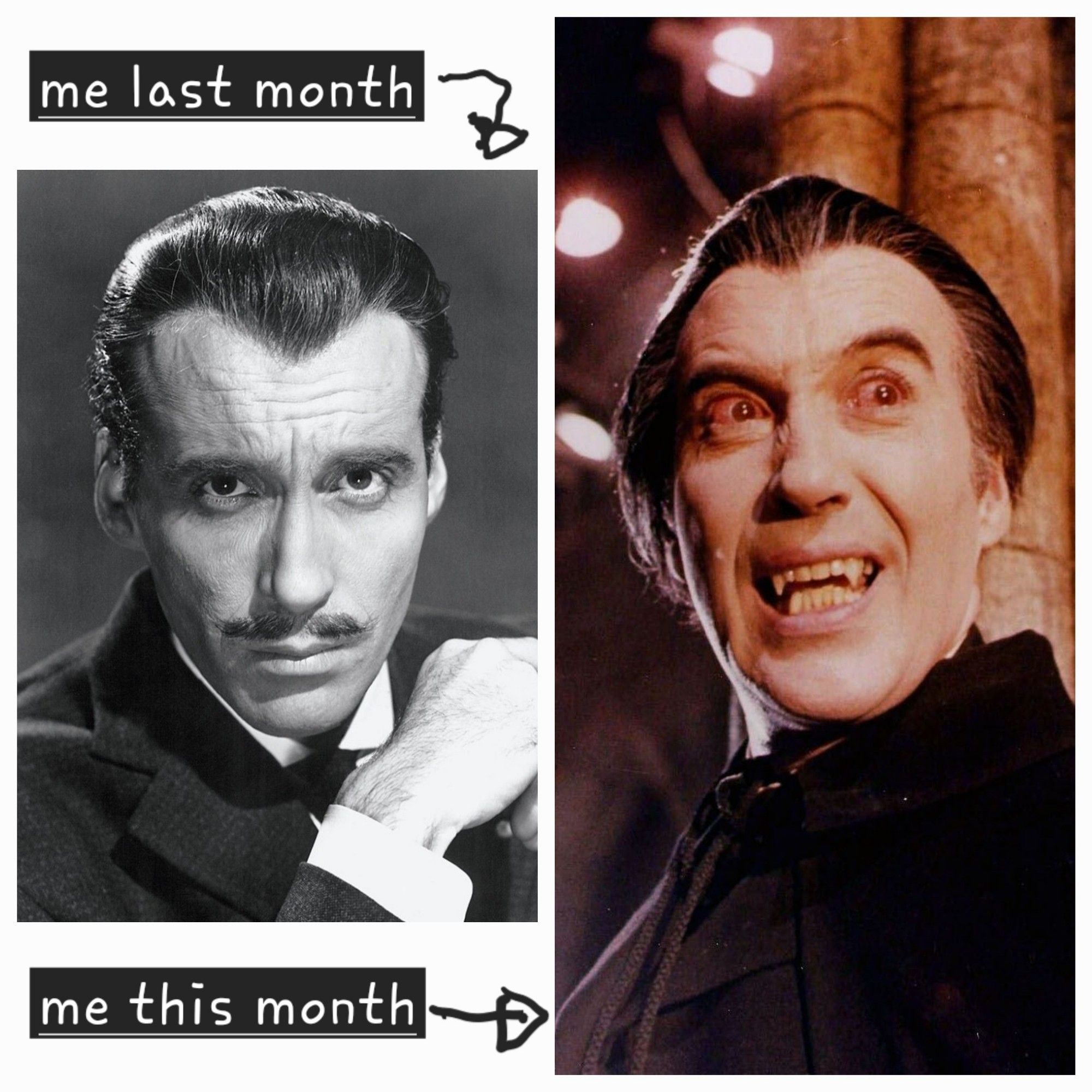 Me last month (suave Christopher Lee in black and white) vs me this month (feral vampire Christopher Lee in vivid colour)