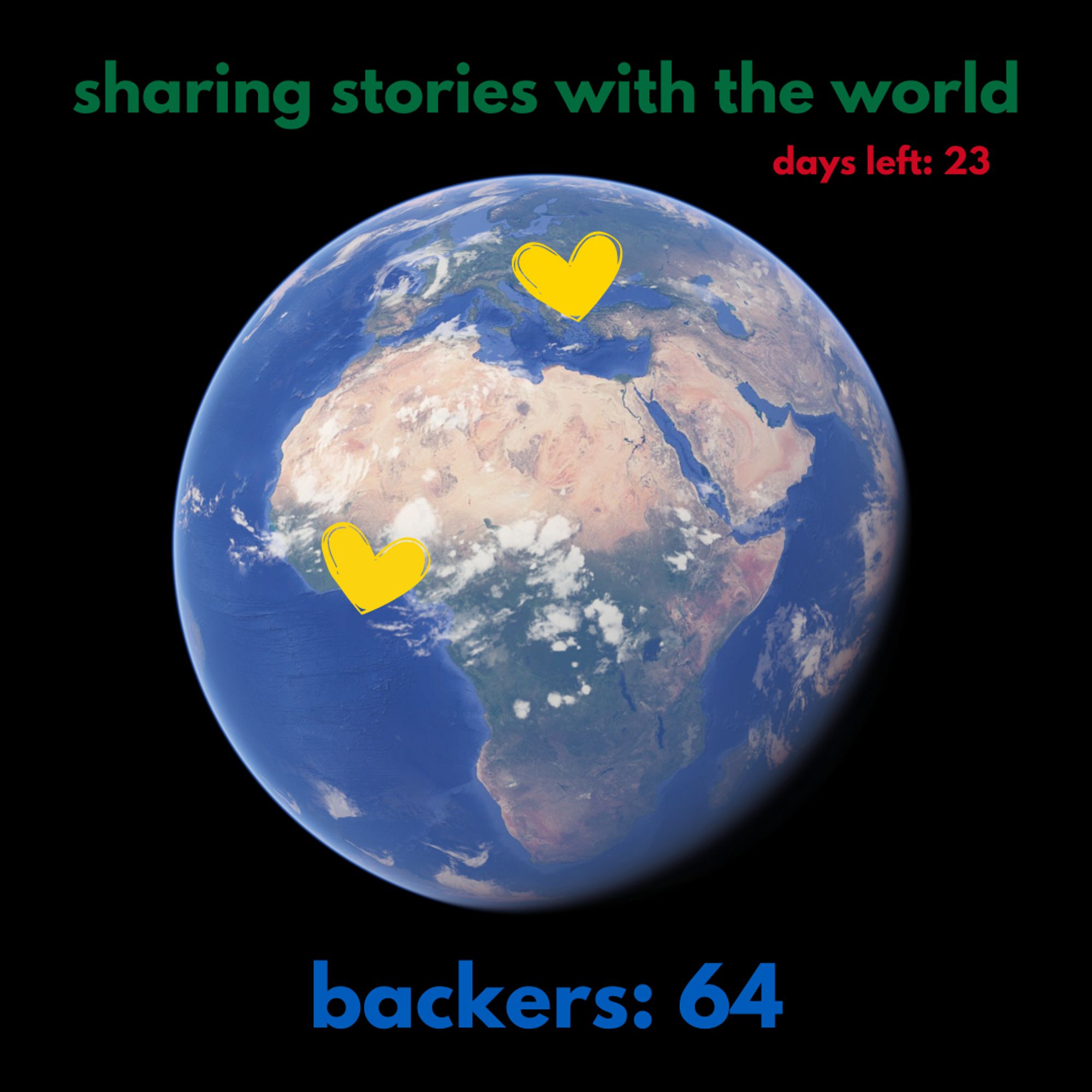 globe with hearts over Ghana and Ukraine, says sharing stories with the world, days left: 23, backers: 64