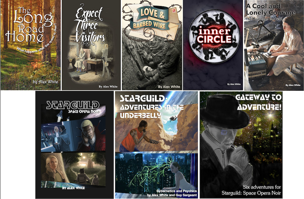 The covers of the following games
- The Long Road Home
- Expect Three Visitors
- Love and Barbed Wire
- Inner Circle
- A Cool and Lonely Courage
- Starguild: space opera noir
- Starguild: adventures in the underbelly
- Starguild: gateway to adventure