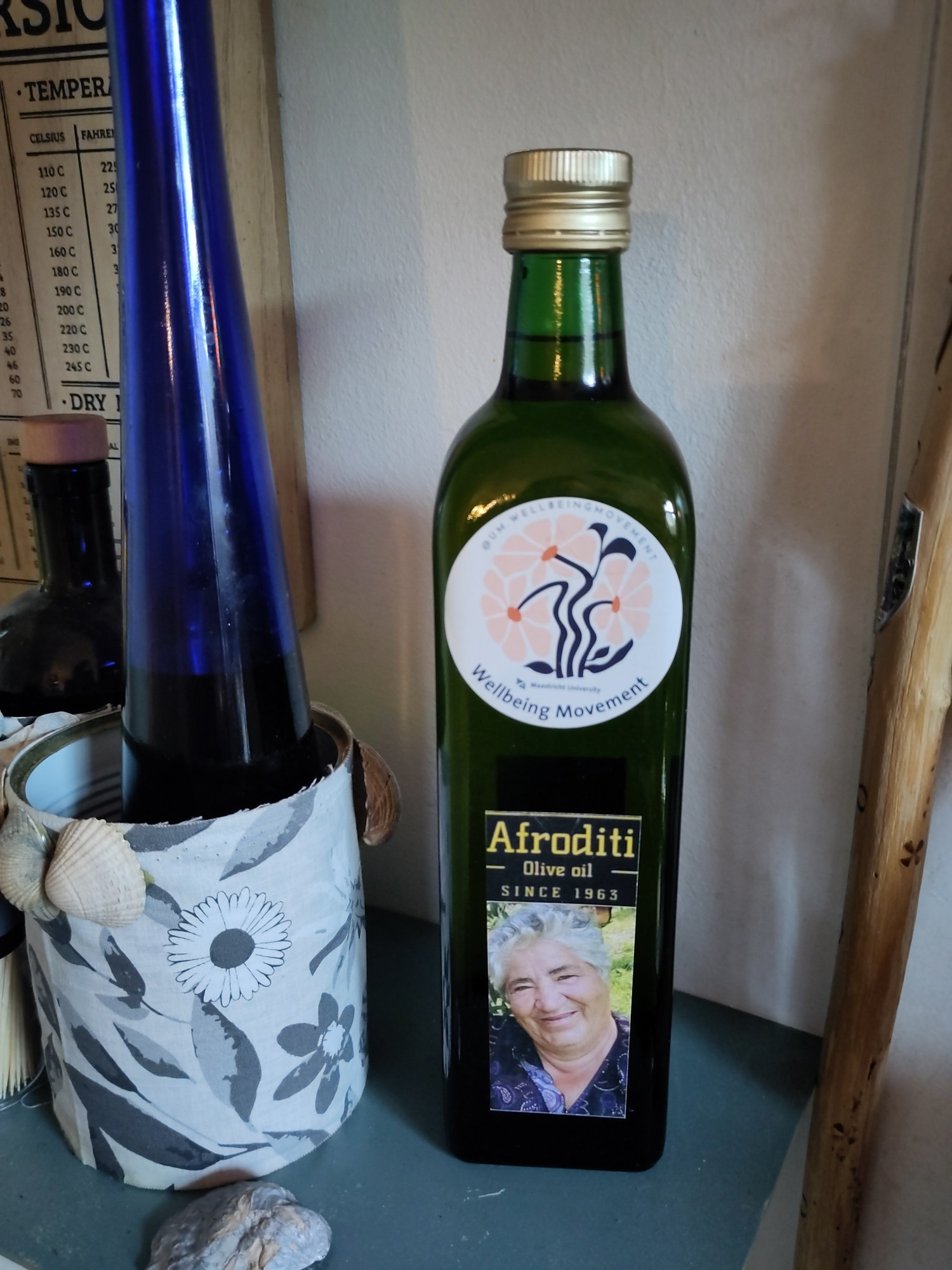 The bottle of olive oil sitting on my shelf at home.