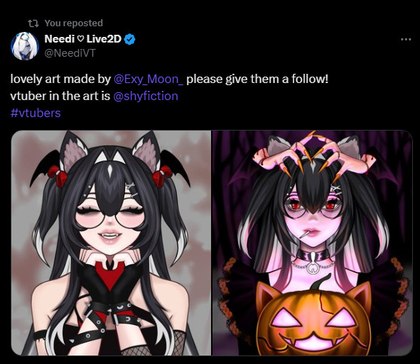 Screenshot shows a twitter/x post of needivt (a vtuber) posting art made of shyfiction (me) by artist Exy_Moon.