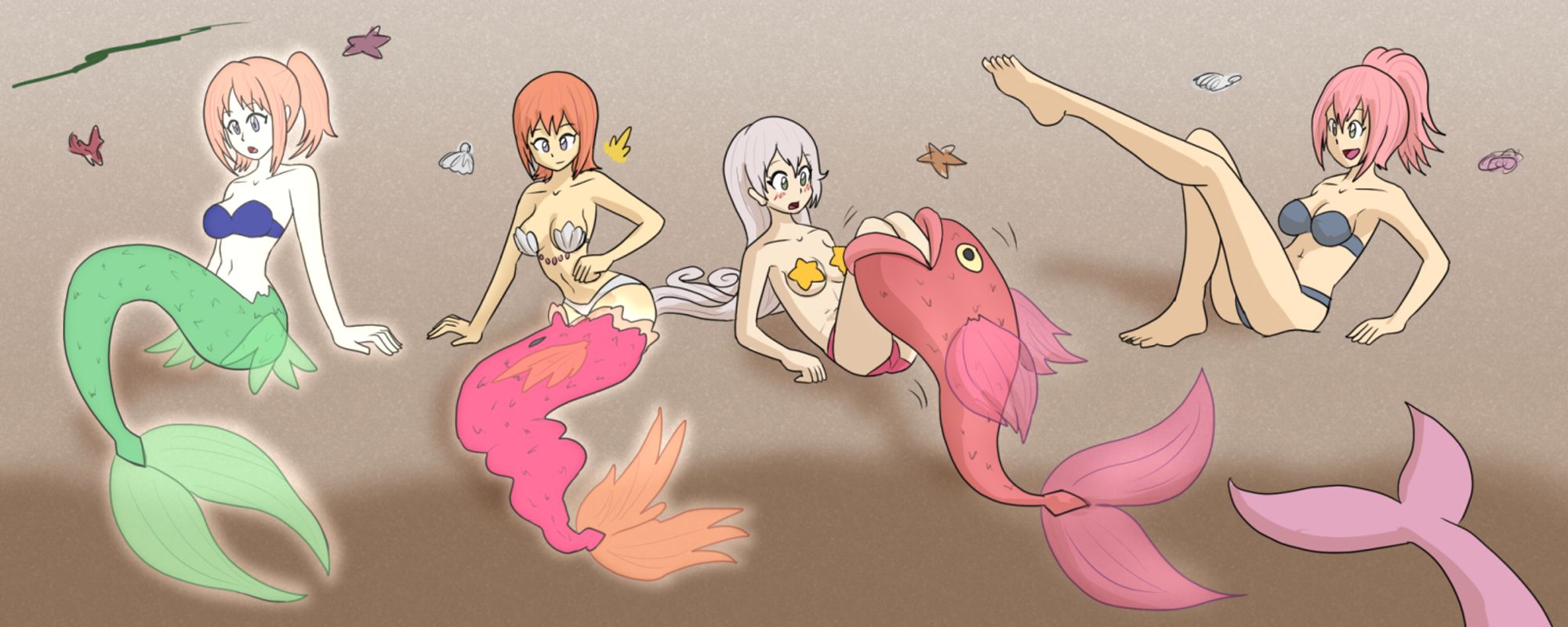 4 young women being turned from mermaids to human, with the fish side turning into a fish and leaving