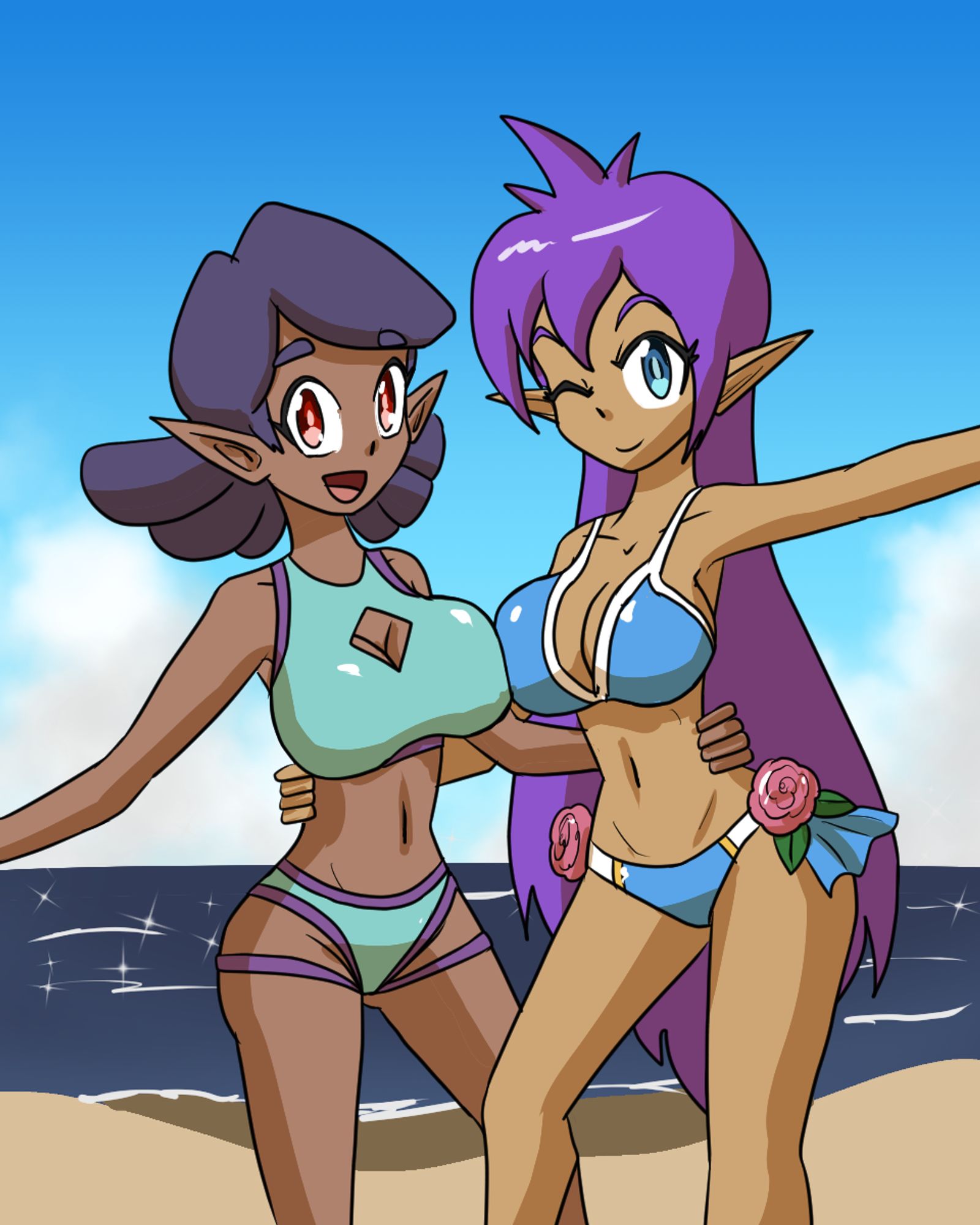 Shantae and Vera Half hugging while in bikini