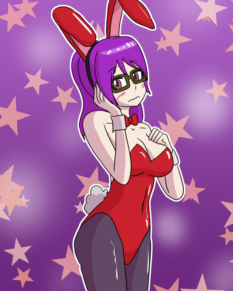 Purple haired girl in a red bunny suit, She has a hand on her cheek, one on her chest and a shy embarrassed expression