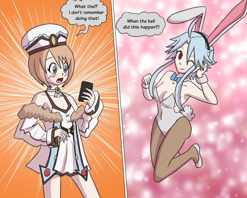 (left) Blanc flustered after finding a photo of her (right)counterpart in a bunny suit hypnotized and posing