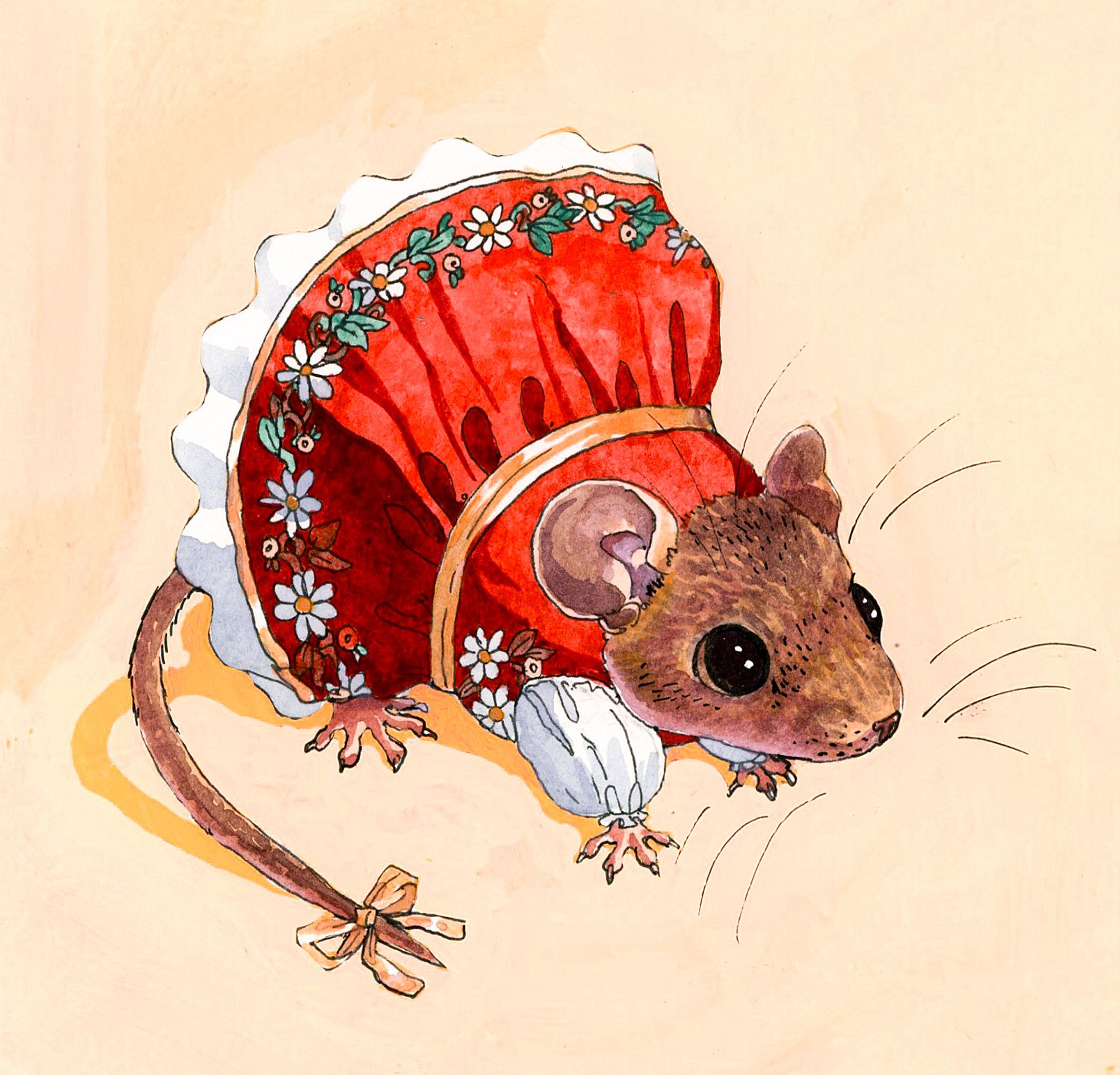 watercolor of a plaintive-looking house mouse in a bavarian dress