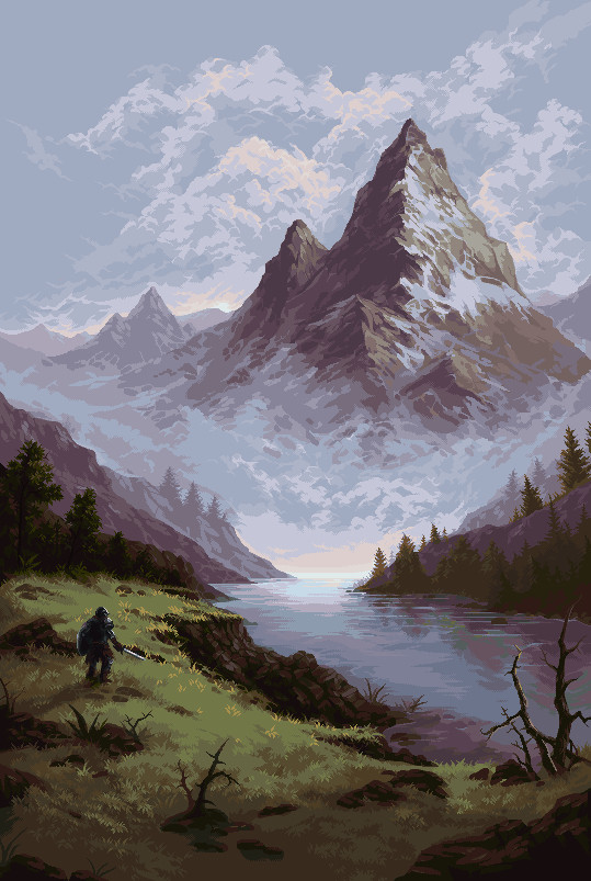 Knight overlooking a fantastical mountain landscape. 