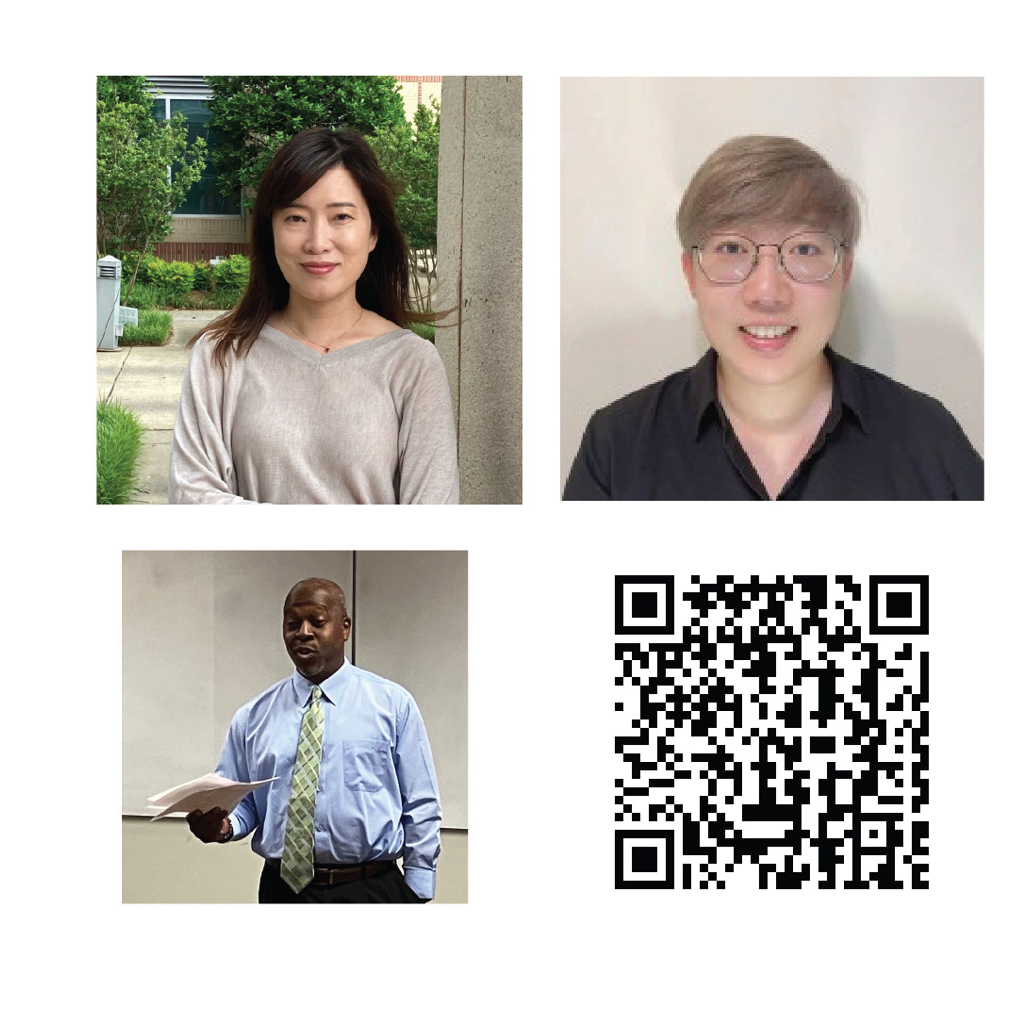 Top left: headshot Fei Ye. Top right: headshot Siwei Zhang. Bottom left: Mario Davidson speaking to an audience, notes in hand. Bottom right: QR code to Vanderbilt Biostatistics JSM 2024 roundup