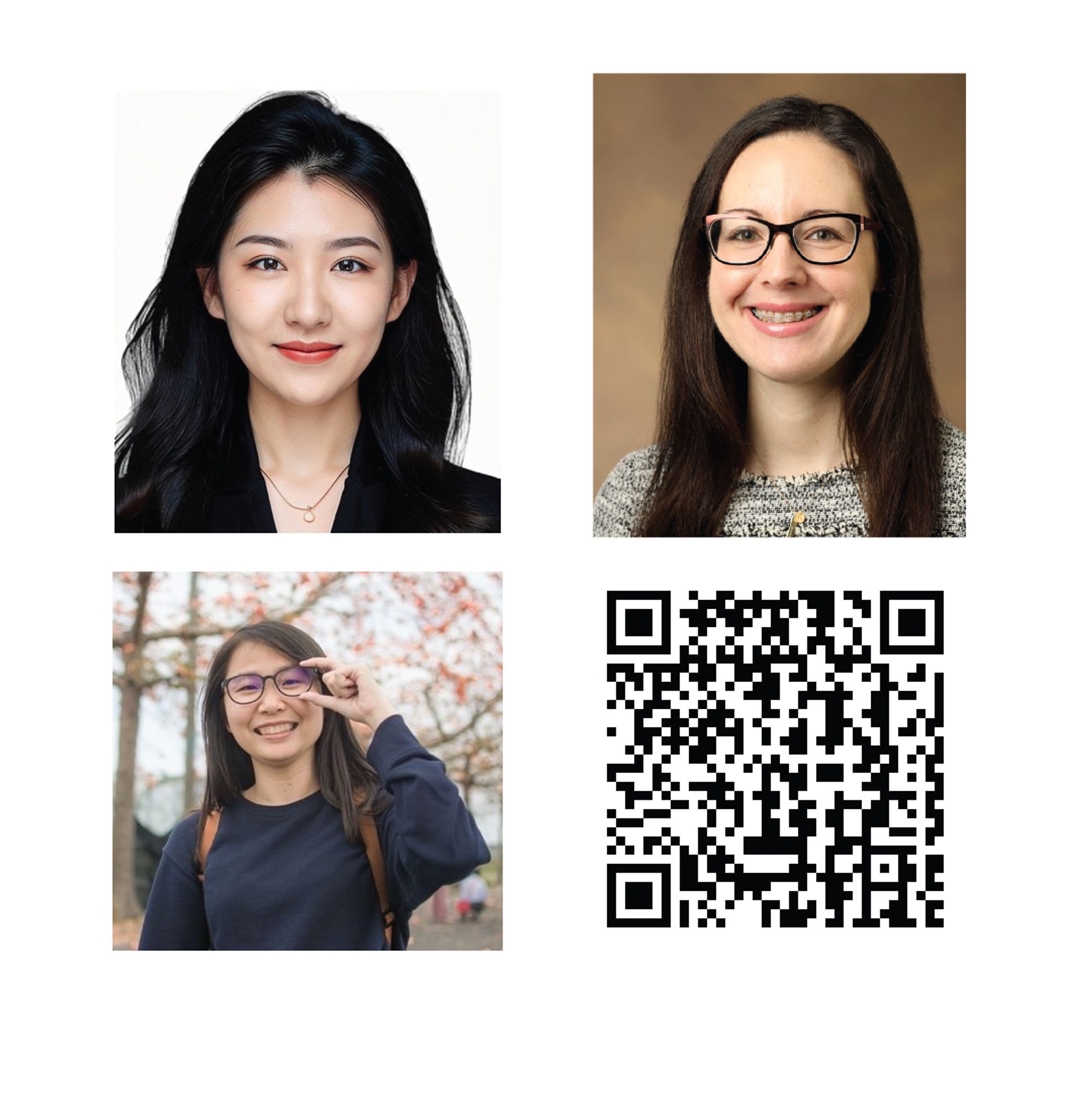 Headshots of three students plus QR code going to https://www.vumc.org/biostatistics/blog-vbdcc-news/vanderbilt-biostatistics-jsm-2024