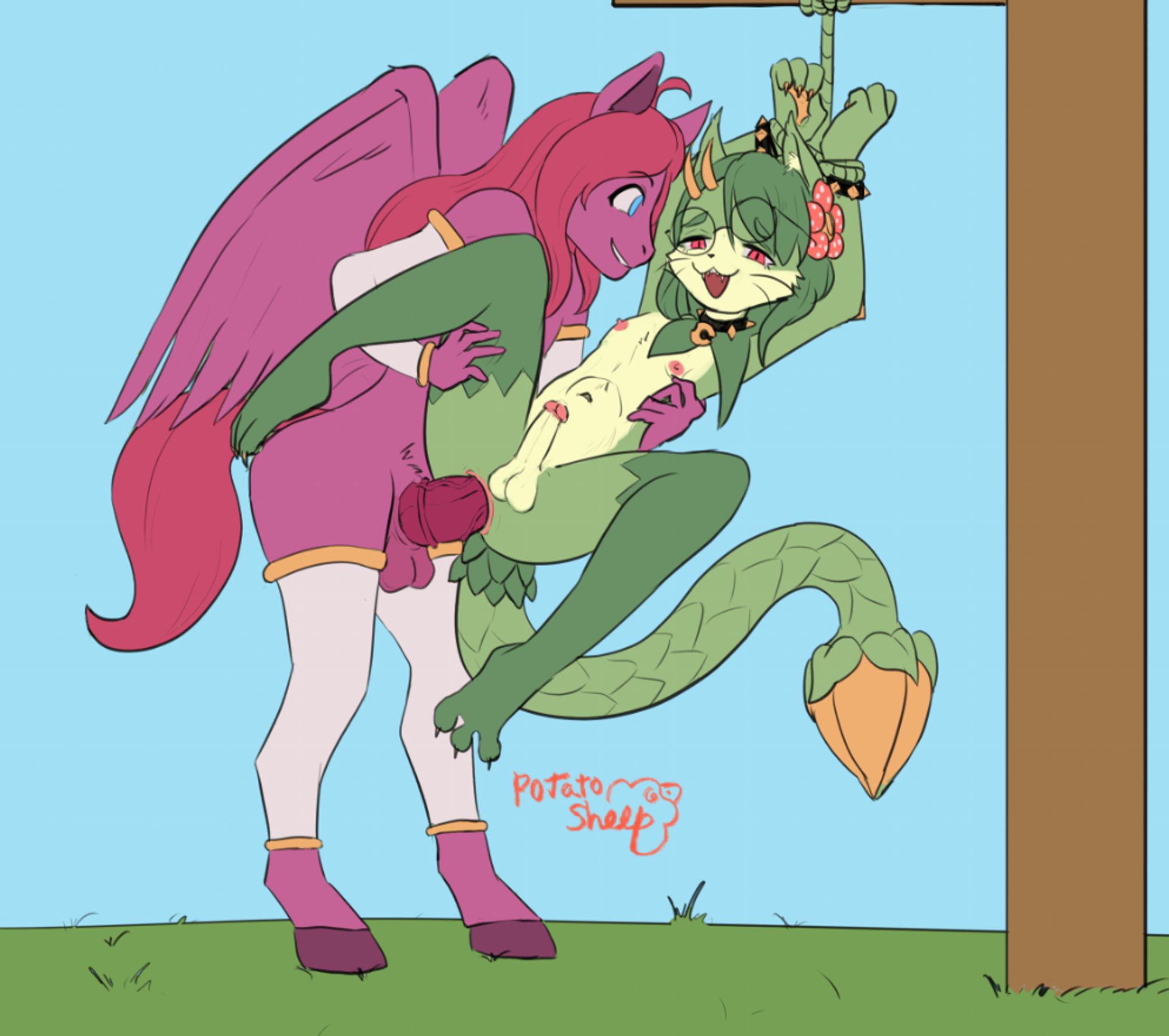 The image shows two anthropomorphic characters interacting outdoors. One character, a tall, purple-winged horse creature, is holding a smaller, green-scaled character in his arms. The smaller character has a snake-like tail and dragon-like horns, its a plant creature, with a playful or relaxed expression the horse is fucking the plant. Both characters seem to be enjoying the moment, with the setting being a clear sky and green grass. The artist's signature, "Potato Sheep," is visible at the bottom of the image.