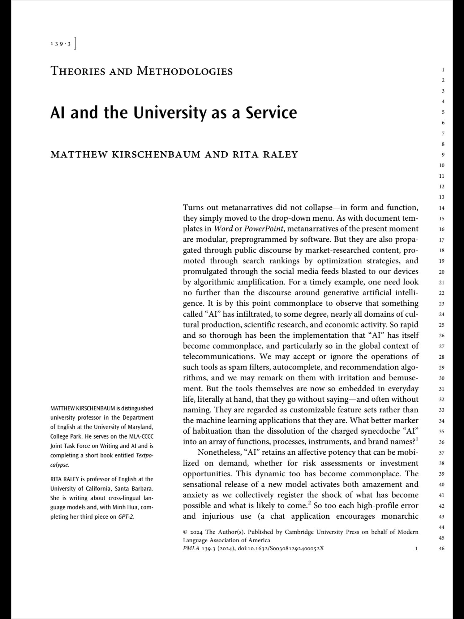 First page of a journal article by Matthew Kirschenbaum and Rita Raley entitled “AI and the University as a Service,” forthcoming in PMLA.