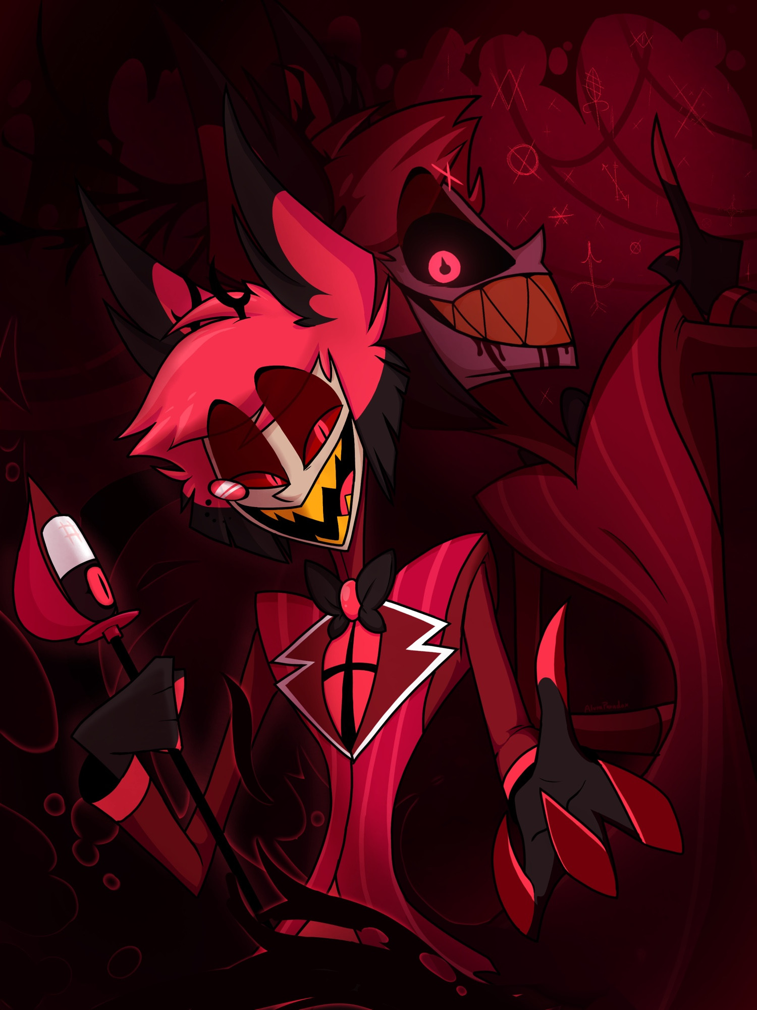 Alastor from Hazbin Hotel holding out his hand with a more sinister version of him stands behind shushing the viewer