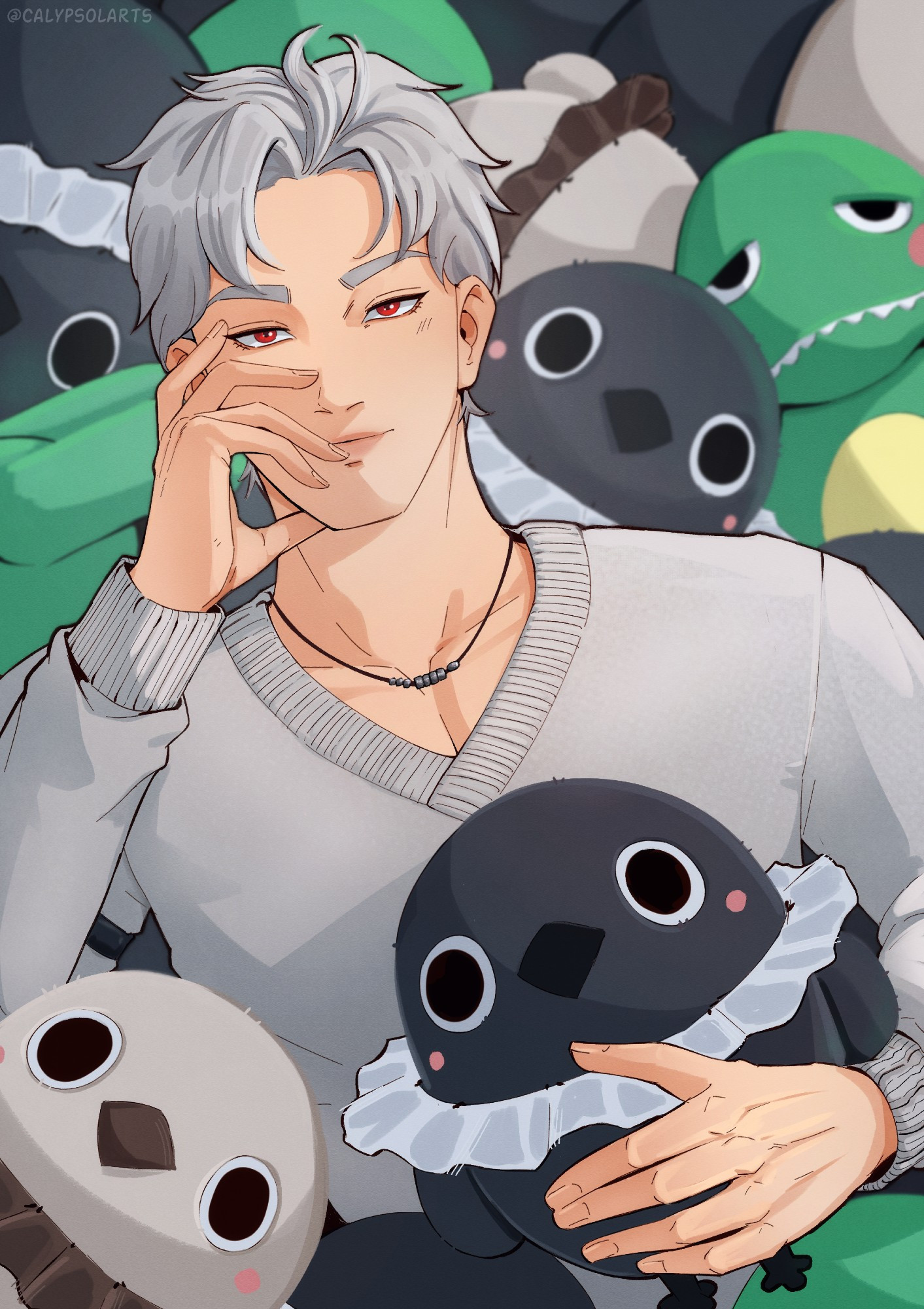 Digital illustration of Sylus from Love and Deepspace. He's surrounded by his crow and dino plushies from the game.