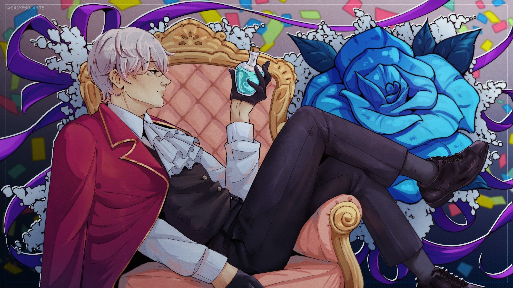 A digital illustration of Ray from Mystic Messenger, he's lounging on an armchair while looking at an elixir that's in his hand. There's his signature blue rose with ribbons and confetti as the background.