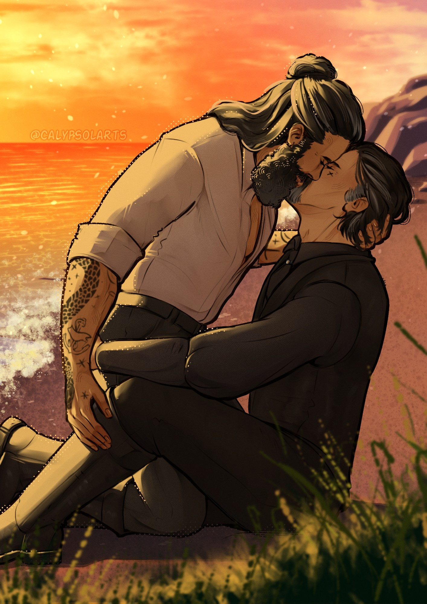 An illustration of Izzy and Ed from Our Flag Means Death. They're on a beach during a sunset, Izzy is sitting down, Ed's between his legs, holding Izzy's head and kissing him.