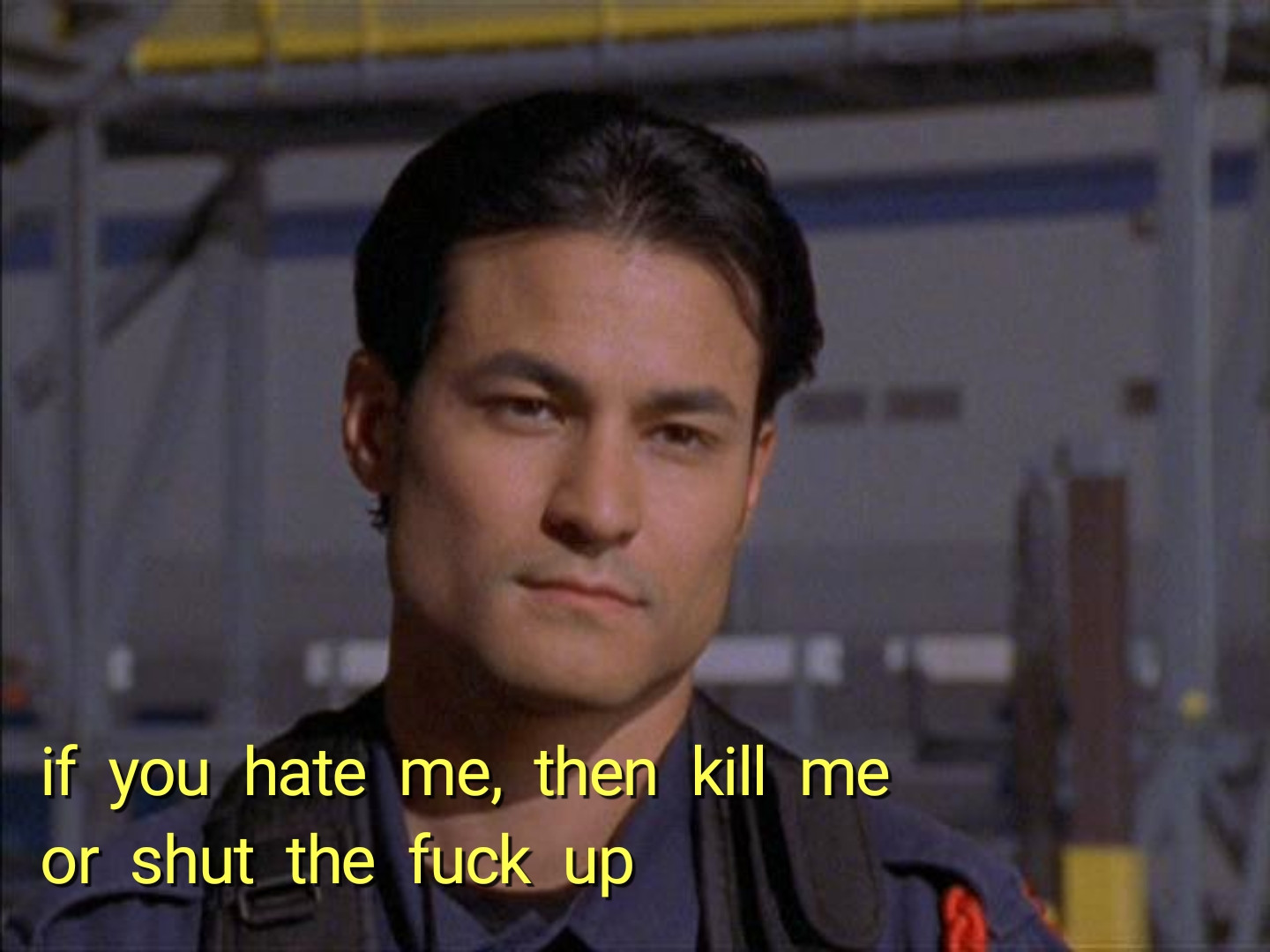 Dan Southworth as Eric Myers from Power Rangers Time Force with the text "if you hate me then kill me or shit the fuck up"