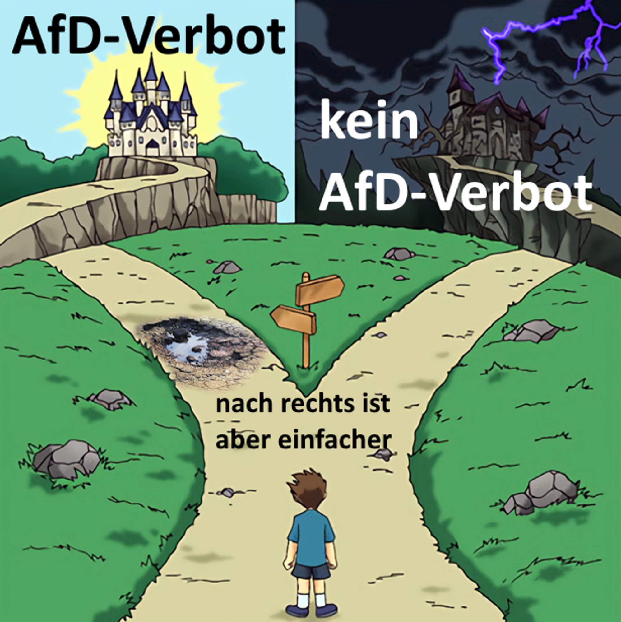 Two Paths Meme: 

Der linke Weg führt zum hellen Schloss, hat aber ein Schlagloch auf dem Weg. Über dem Schloss steht "AfD-Verbot".

Der rechte Weg führt zum dunklen Schloss. Unter dem Schloss steht "kein Afd-Verbot".

An der Weggabelung steht "nach rechts ist aber einfacher".