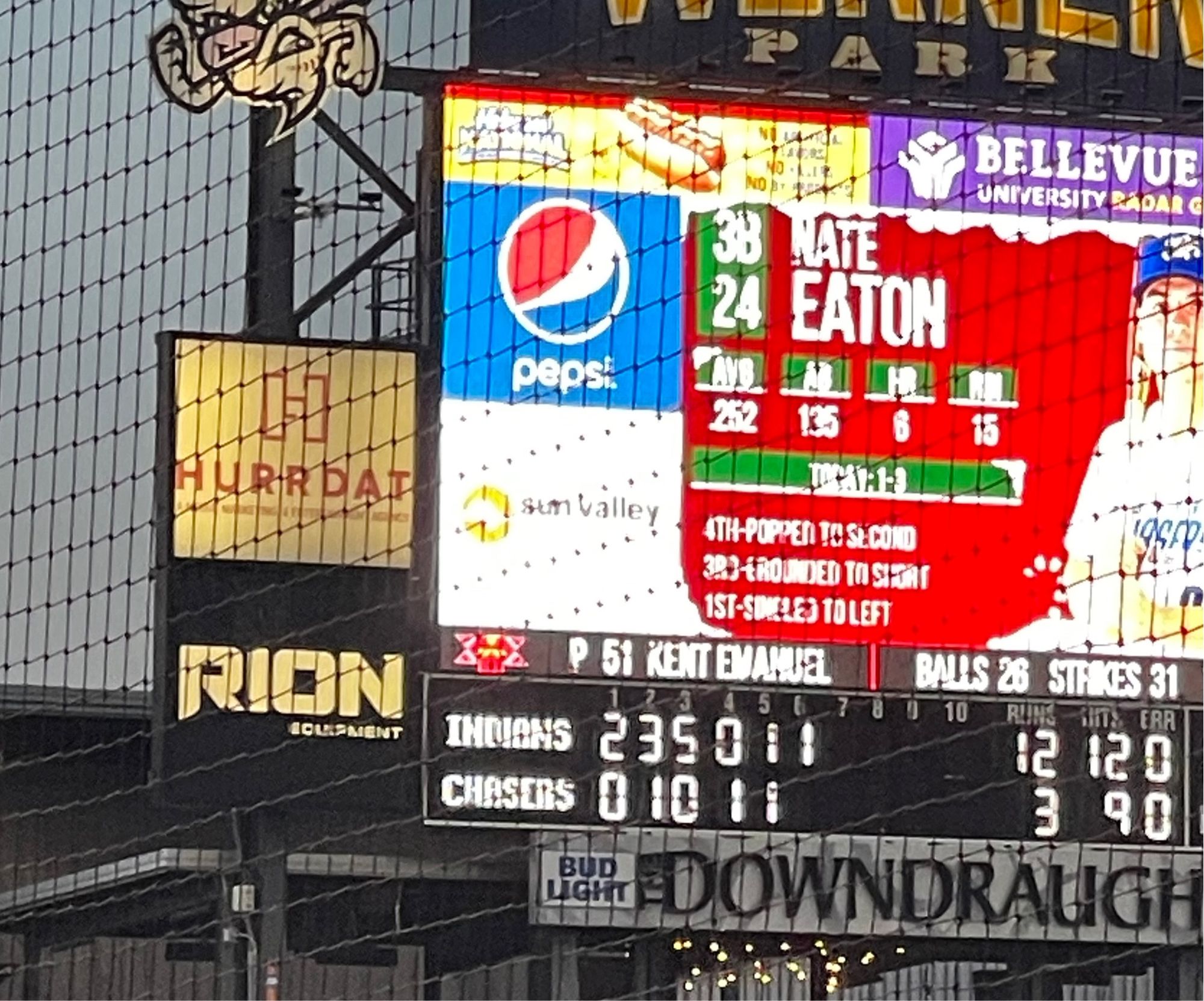 Scoreboard of a baseball game between the Indianapolis Indians (visiting) and the Omaha Stormchasers (home). “Stormchasers” is shortened to “Chasers” on the scoreboard.