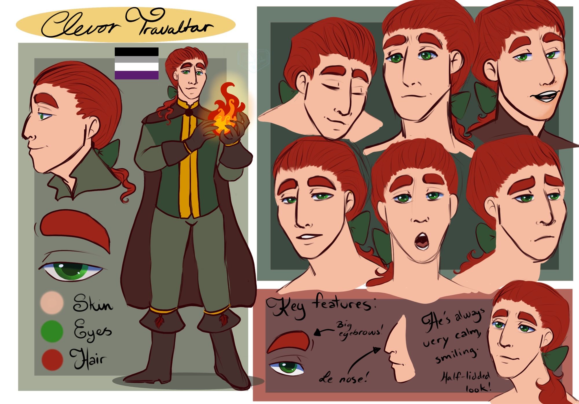 Reference sheet of a male wizard, with green eyes and fiery red hair. He looks very calm and tranquil, and rather kind as well.