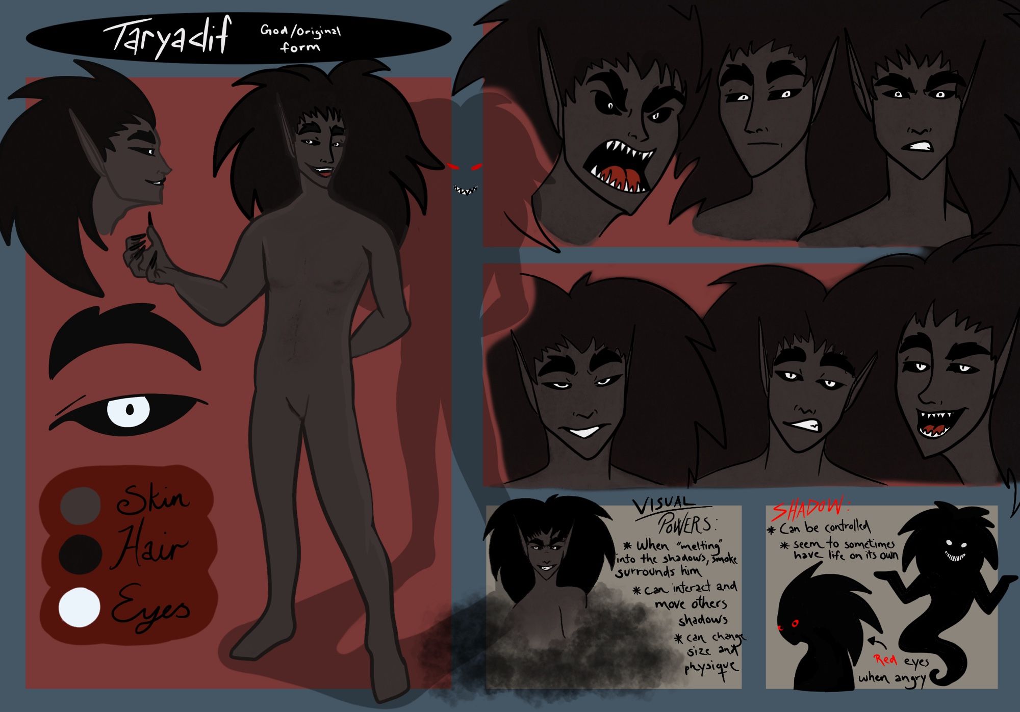 Old, digital work. A reference sheet of a dark, male humanoid character. He has black hair and dark, grey skin. His eyes are black and white, but red when aggressive. He is called “Taryadif”, and is the God of Shadows. The reference sheet shows off a full-body reference of him, a profile reference, colour reference, six different expressions, and some notes on his powers.