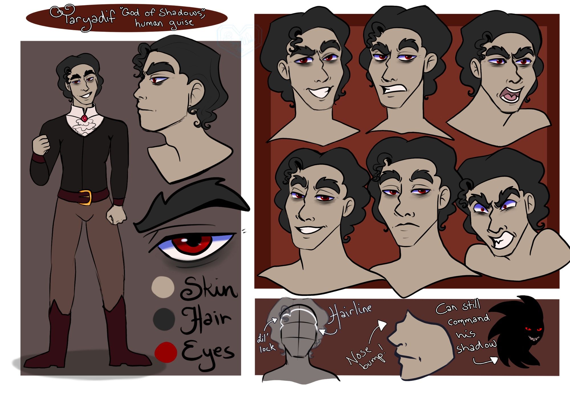 Reference sheet of a man, who seems to be a bit aged. He has red eyes and bags underneath them, and black hair.