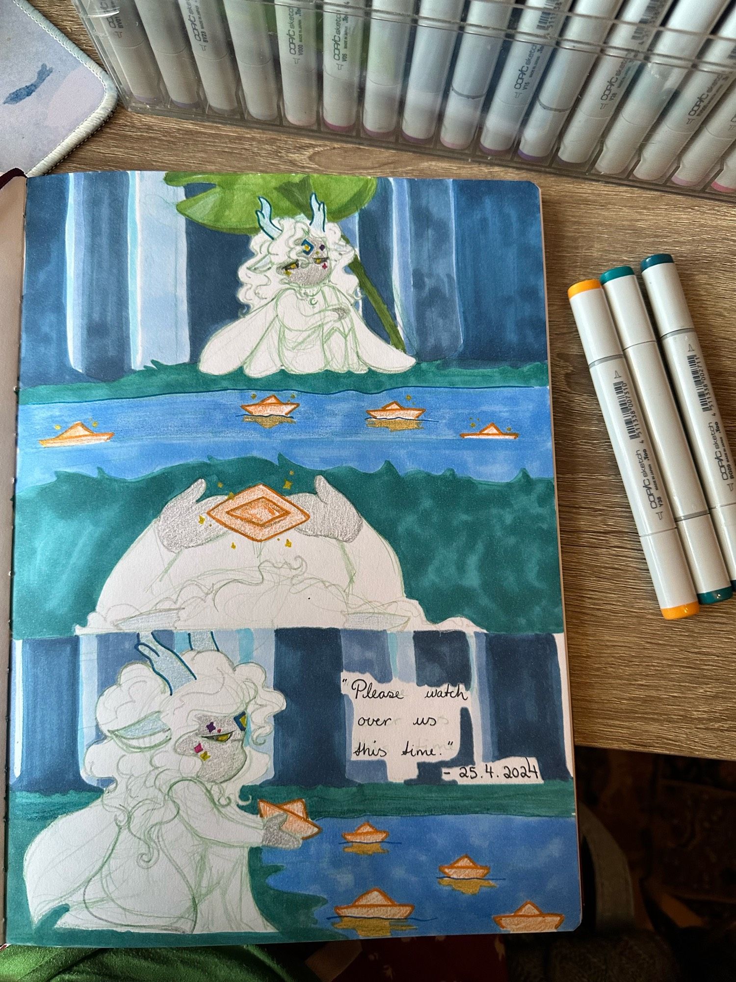 Sketchbook, open with three copics on the side of it, showing a page of a WIP illustration featuring a skykid in ‘The Hidden Forest’ from «Sky - The Children of Light». They are sitting in the forest by some water, with orange paperboats floating on top of it. The skykid adds their own boat in the last panel, with the text:

«Please watch over us this time.»
- 25.4.2024