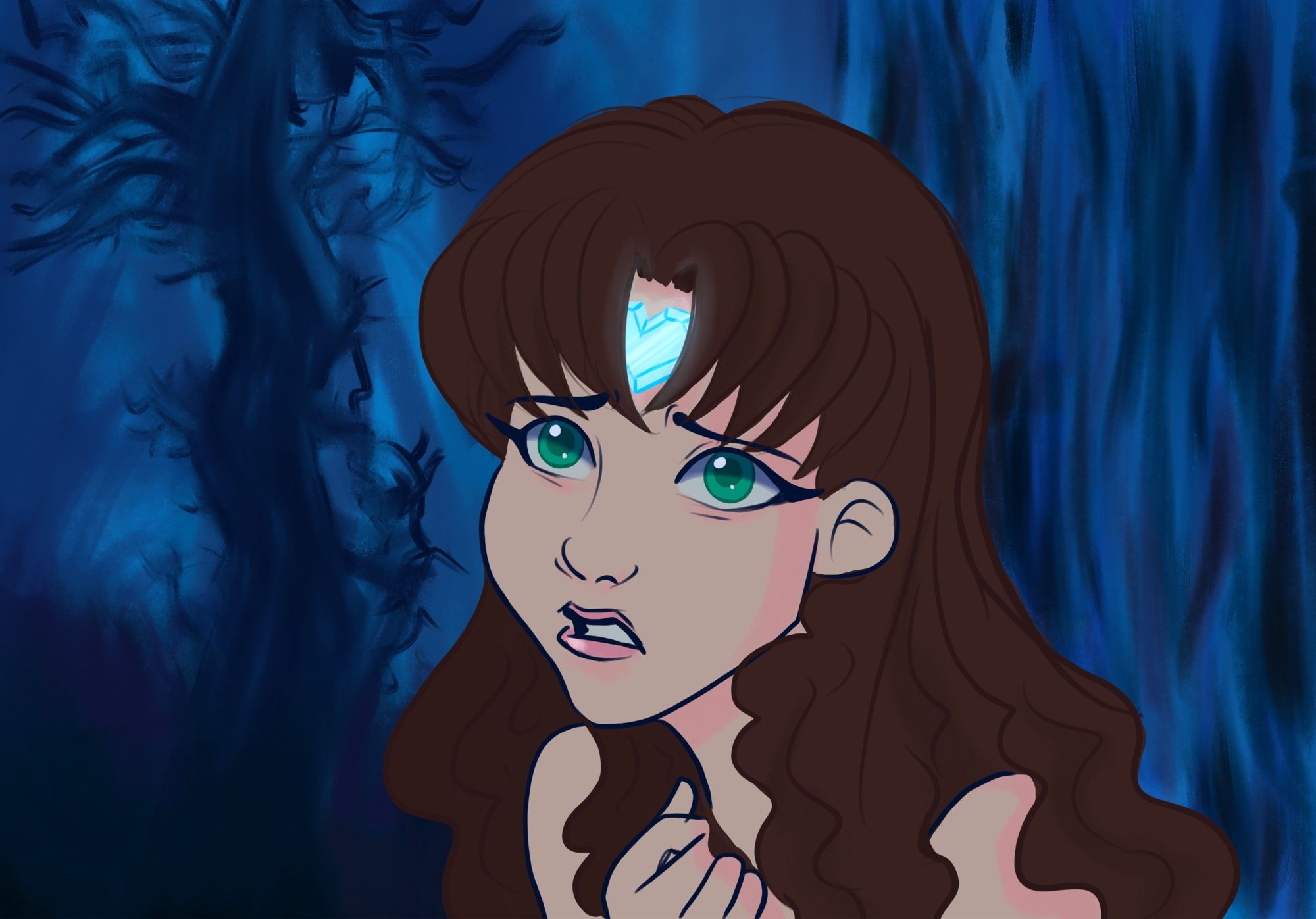 Digital screenshot study of “The Last Unicorn”, featuring a female OC with brown hair, bluegreen eyes and a heart of ice on her forehead that glows.