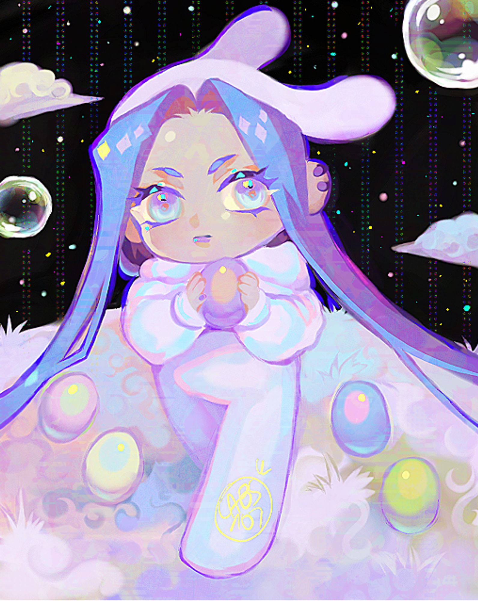 chibi picture with a character with long blue hair wearing a bunny suit and holding easter eggs , all in pastel colors