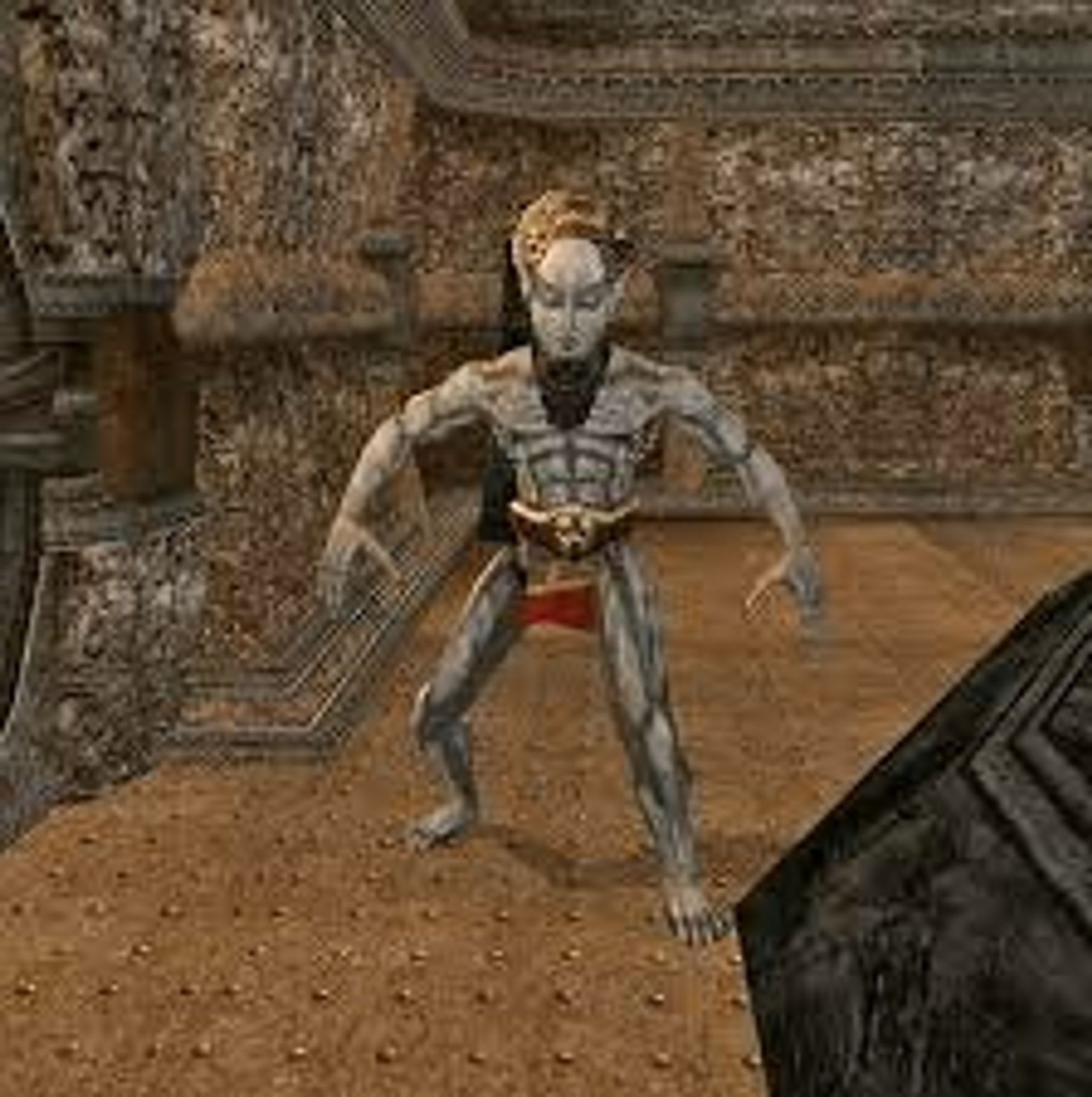 An imposing stance held by a Dunmer NPC from The Elder Scrolls III: Morrowind