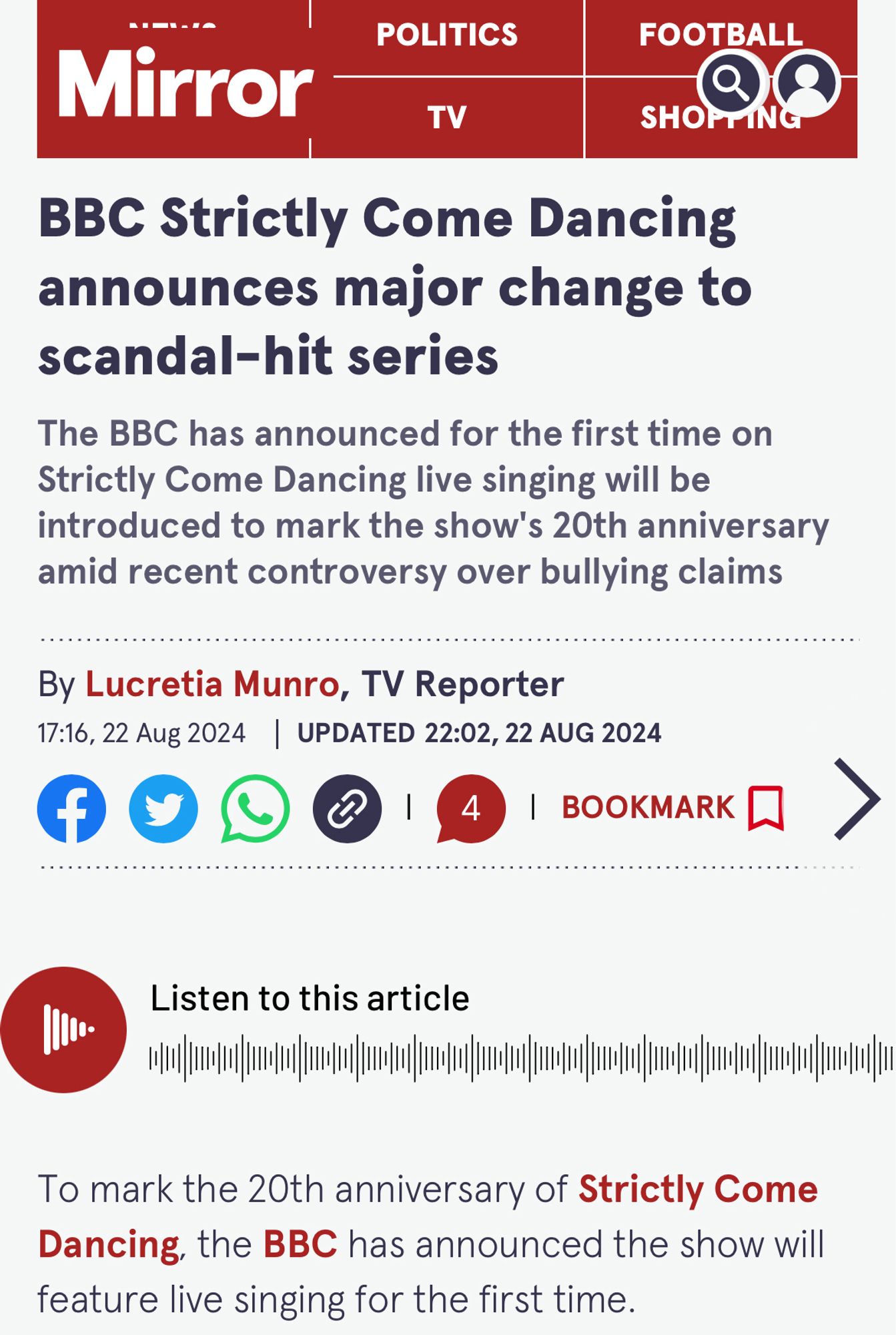 Daily Mirror: The BBC has announced for the first time on Strictly Come Dancing live singing will be introduced to mark the show's 20th anniversary amid recent controversy over bullying claims